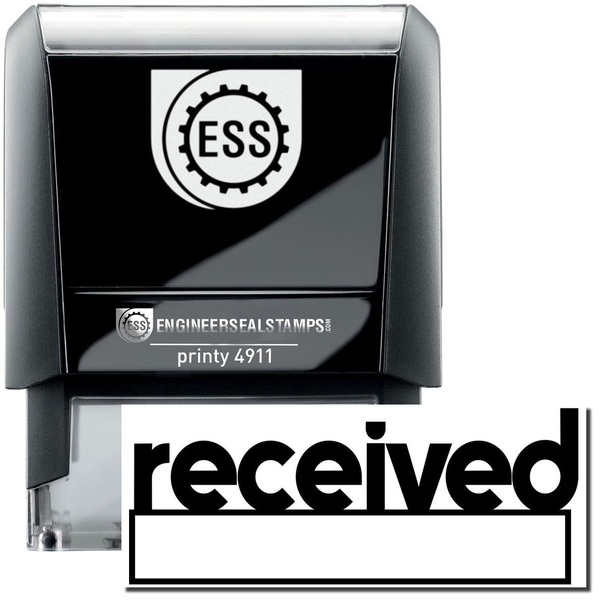 A self-inking stamp with a stamped image showing how the text &quot;received&quot; in lowercase with a date box under it is displayed after stamping.