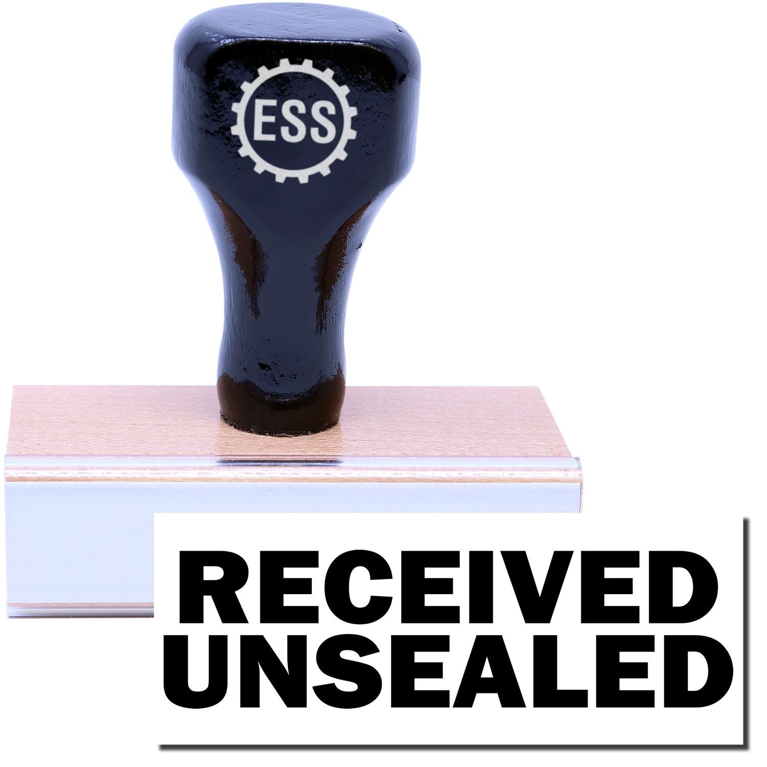 A stock office rubber stamp with a stamped image showing how the text RECEIVED UNSEALED is displayed after stamping.