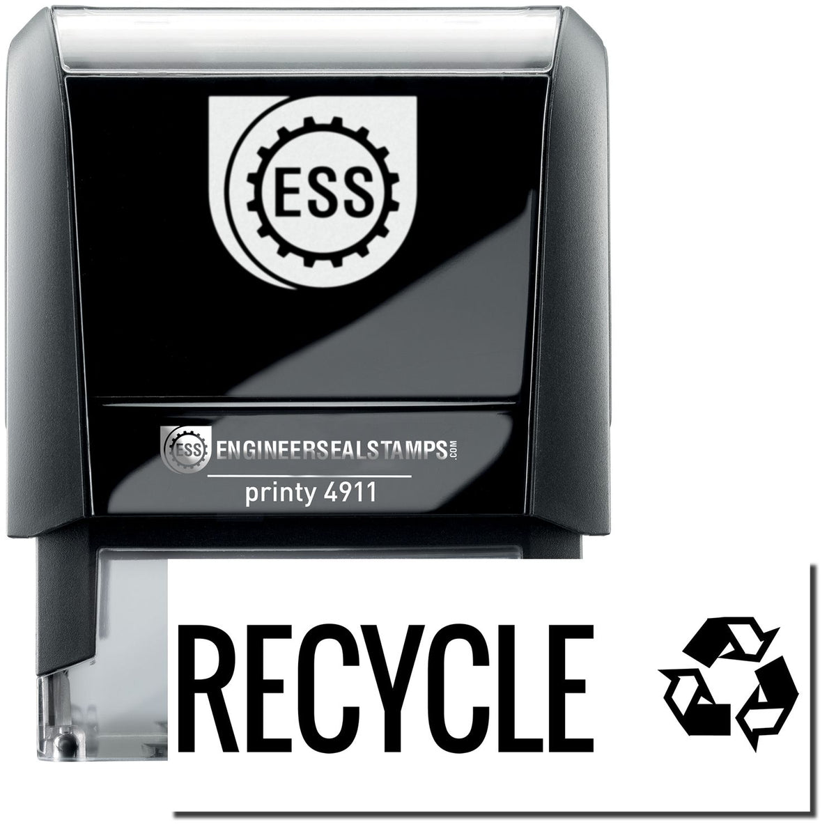 A self-inking stamp with a stamped image showing how the text &quot;RECYCLE&quot; with the recycling icon on the right side is displayed after stamping.