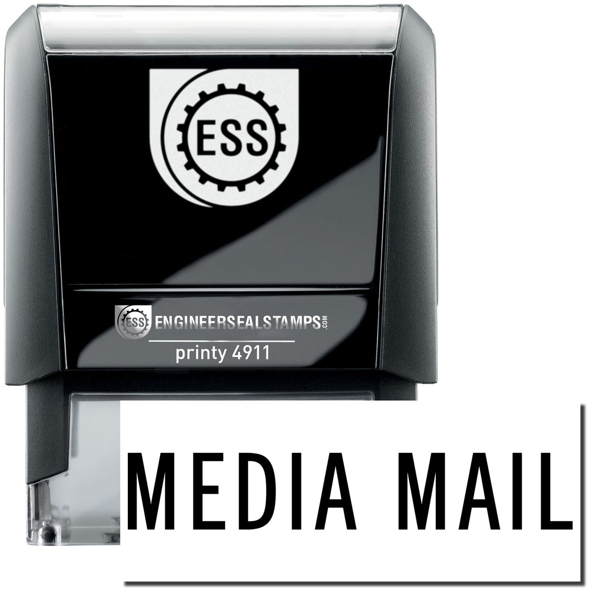 A self-inking stamp with a stamped image showing how the text &quot;MEDIA MAIL&quot; is displayed after stamping.