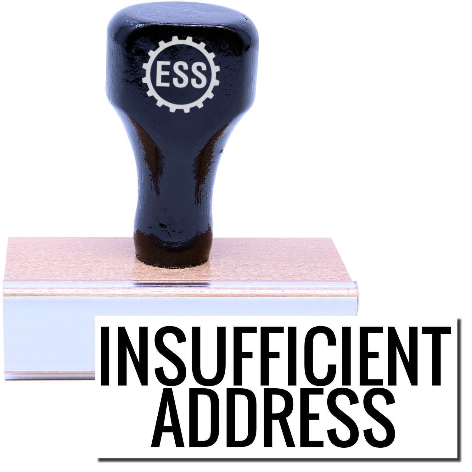 A stock office rubber stamp with a stamped image showing how the text "INSUFFICIENT ADDRESS" is displayed after stamping.
