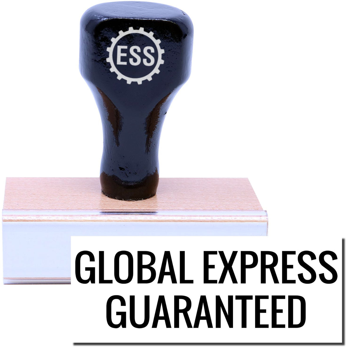A stock office rubber stamp with a stamped image showing how the text &quot;GLOBAL EXPRESS GUARANTEED&quot; is displayed after stamping.