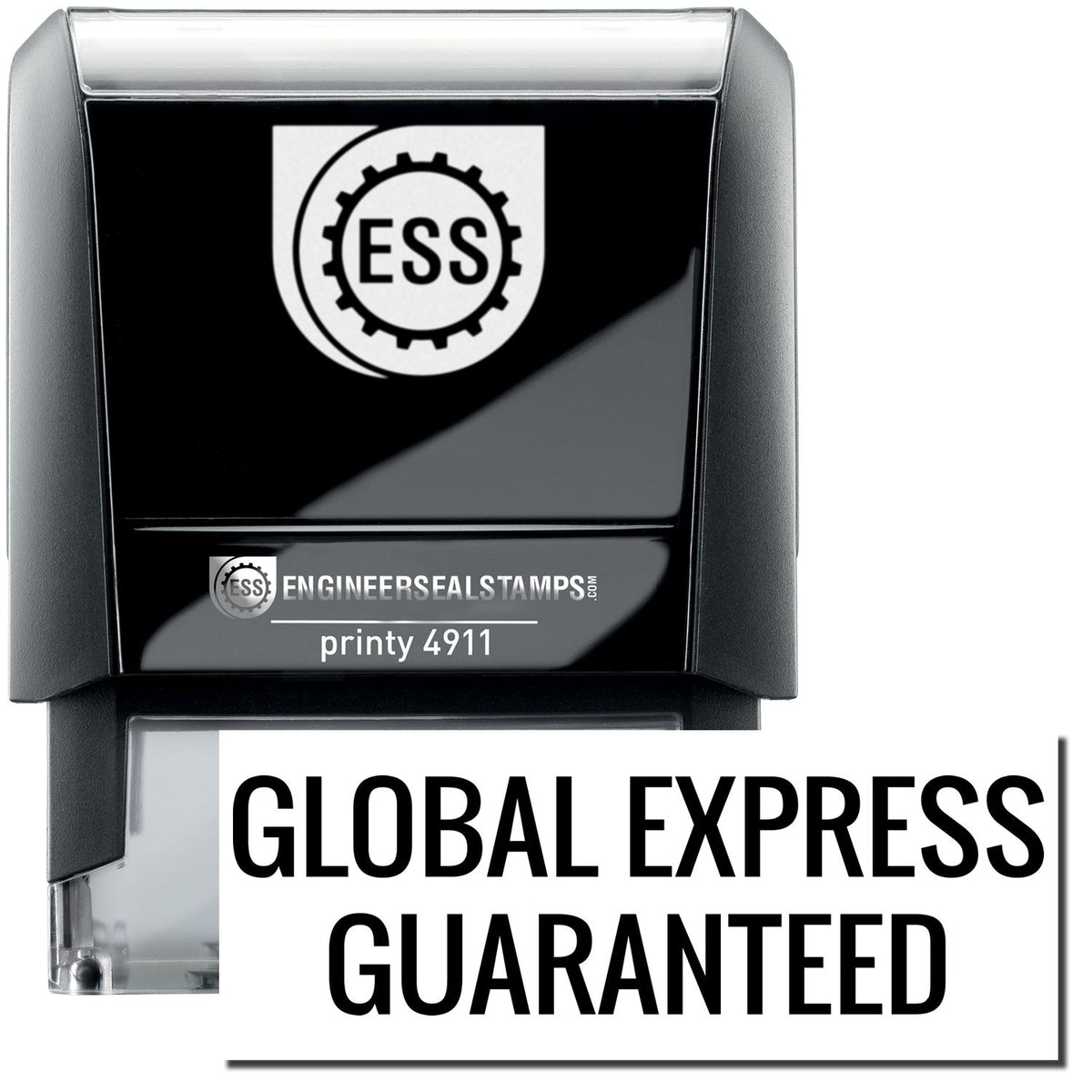 A self-inking stamp with a stamped image showing how the text &quot;GLOBAL EXPRESS GUARANTEED&quot; is displayed after stamping.