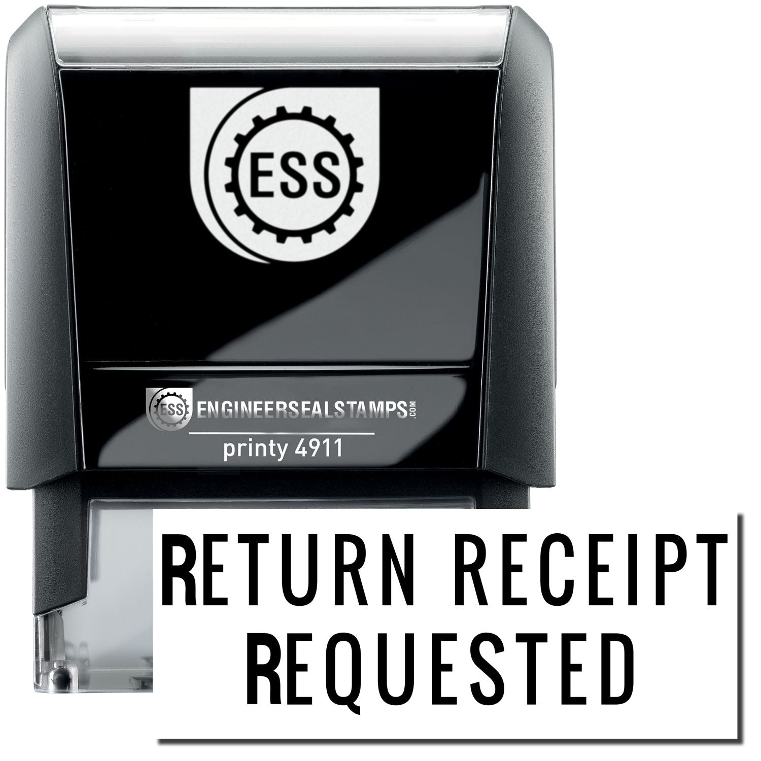 A self-inking stamp with a stamped image showing how the text "RETURN RECEIPT REQUESTED" in a narrow font is displayed after stamping.