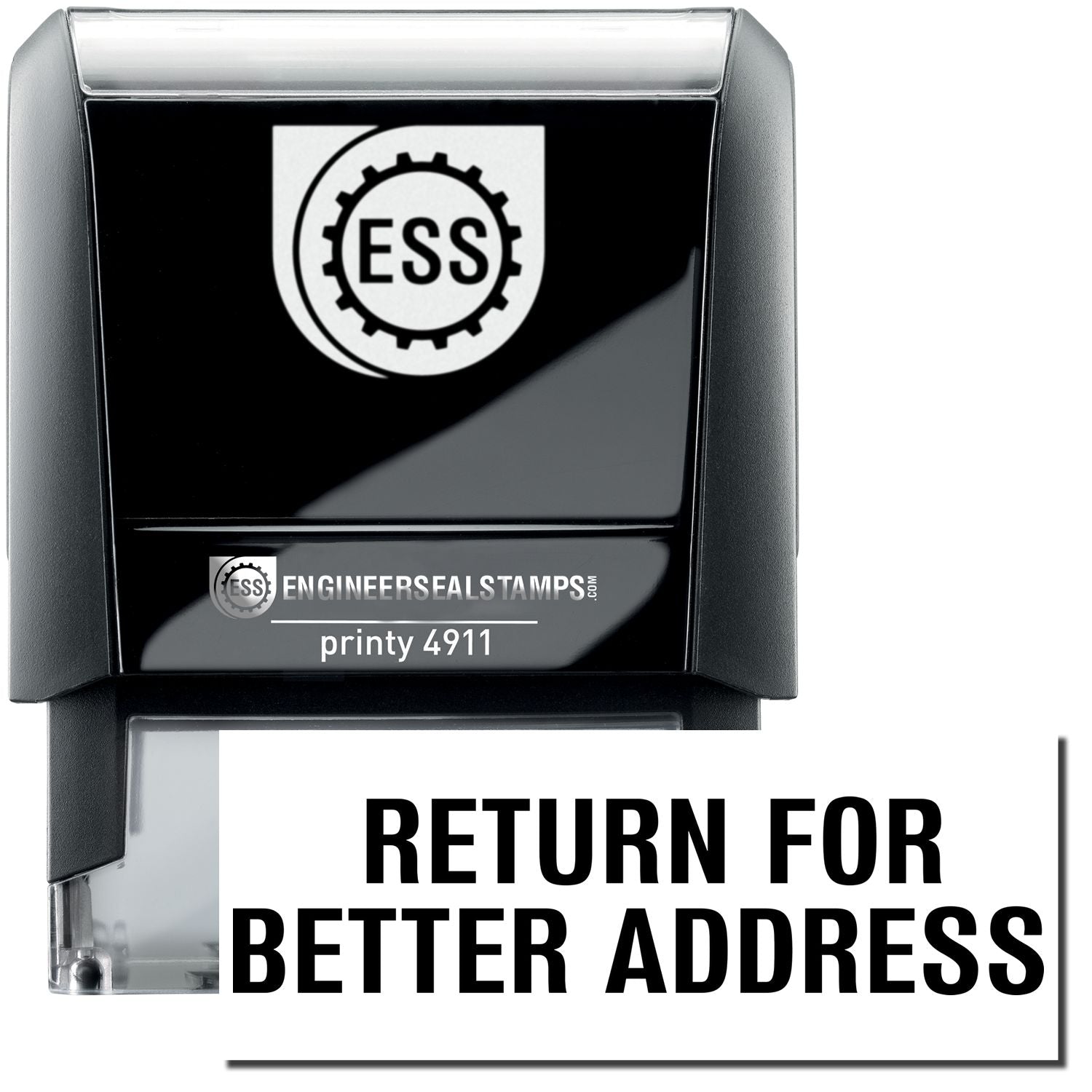 A self-inking stamp with a stamped image showing how the text "RETURN FOR BETTER ADDRESS" is displayed after stamping.