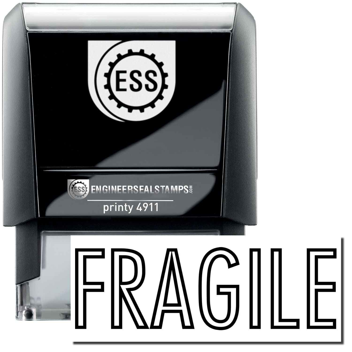 A self-inking stamp with a stamped image showing how the text FRAGILE in an outline style is displayed after stamping.