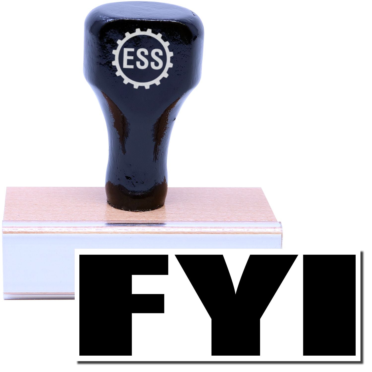 A stock office rubber stamp with a stamped image showing how the text "FYI" in bold font is displayed after stamping.