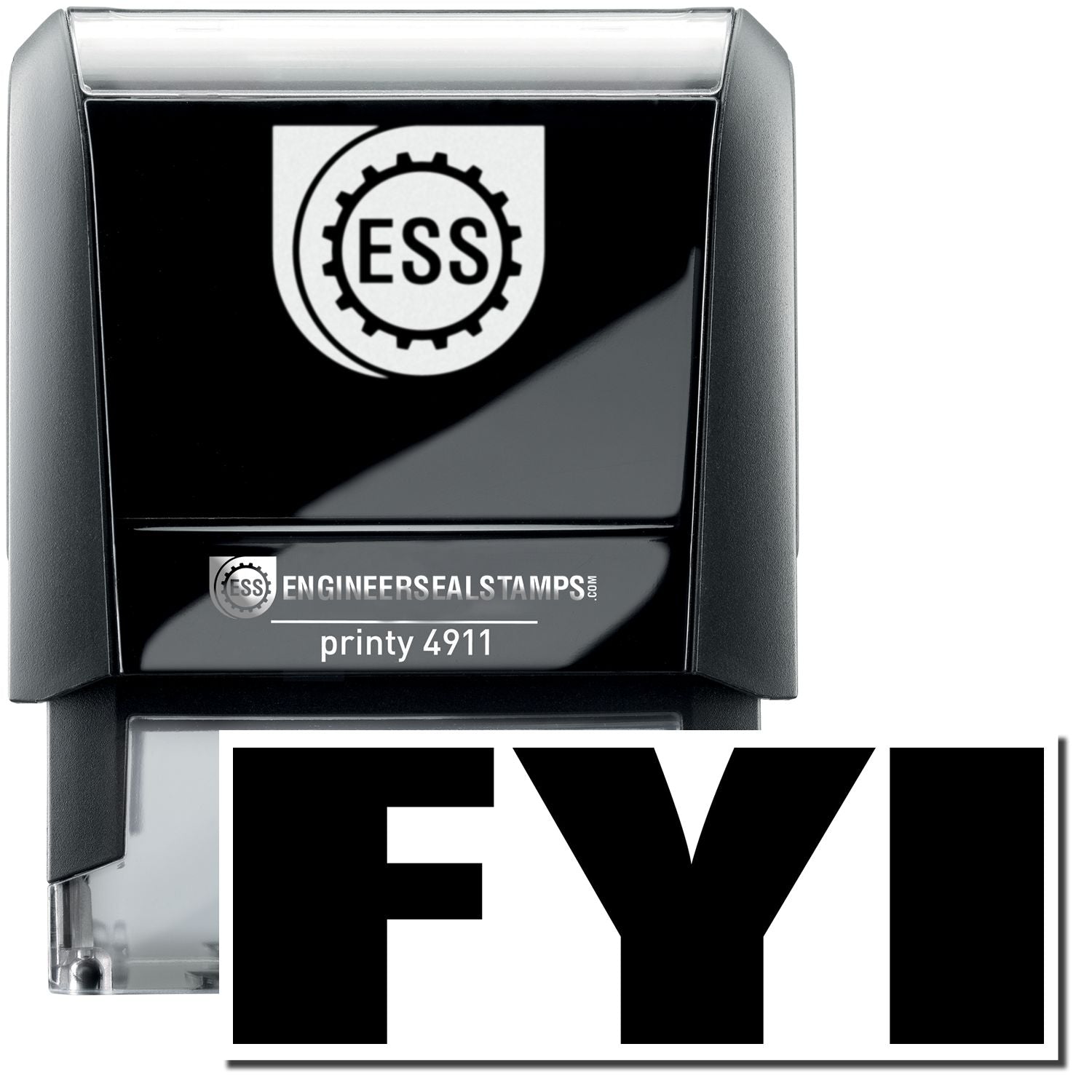 A self-inking stamp with a stamped image showing how the text FYI in bold font is displayed after stamping.