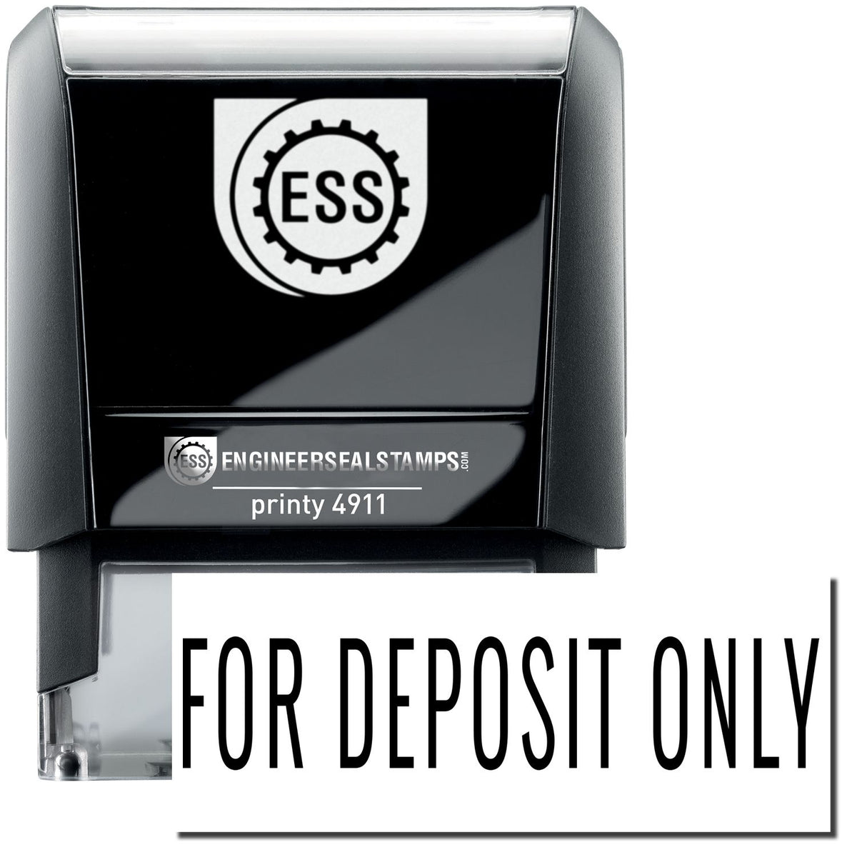 A self-inking stamp with a stamped image showing how the text &quot;FOR DEPOSIT ONLY&quot; in a narrow font is displayed after stamping.