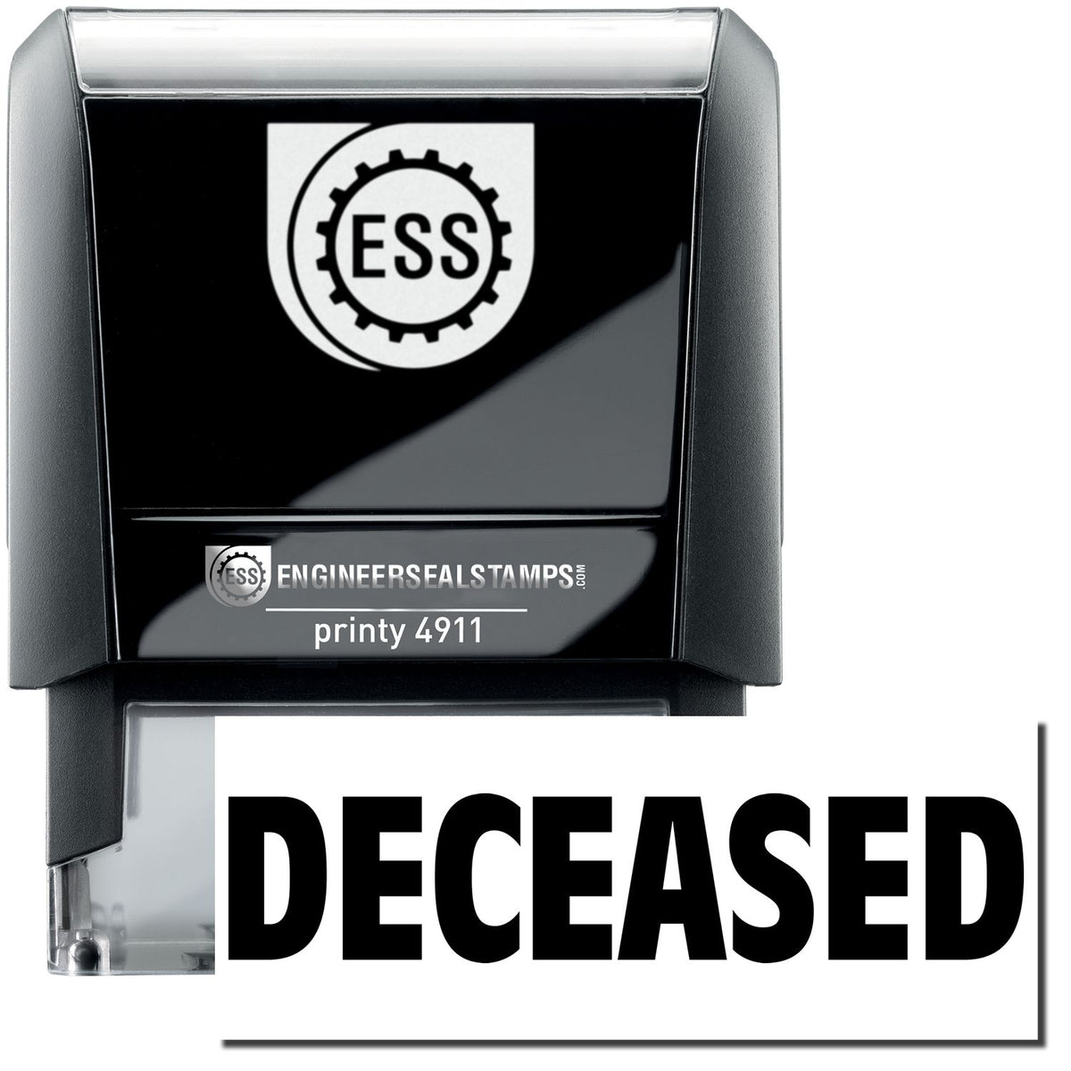 A self-inking stamp with a stamped image showing how the text &quot;DECEASED&quot; is displayed after stamping.