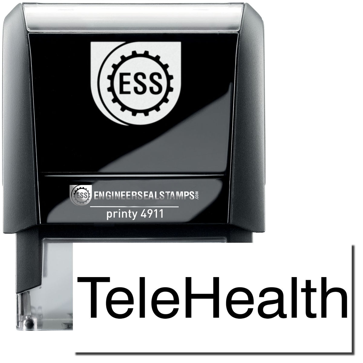 A self-inking stamp with a stamped image showing how the text &quot;TeleHealth&quot; is displayed after stamping.
