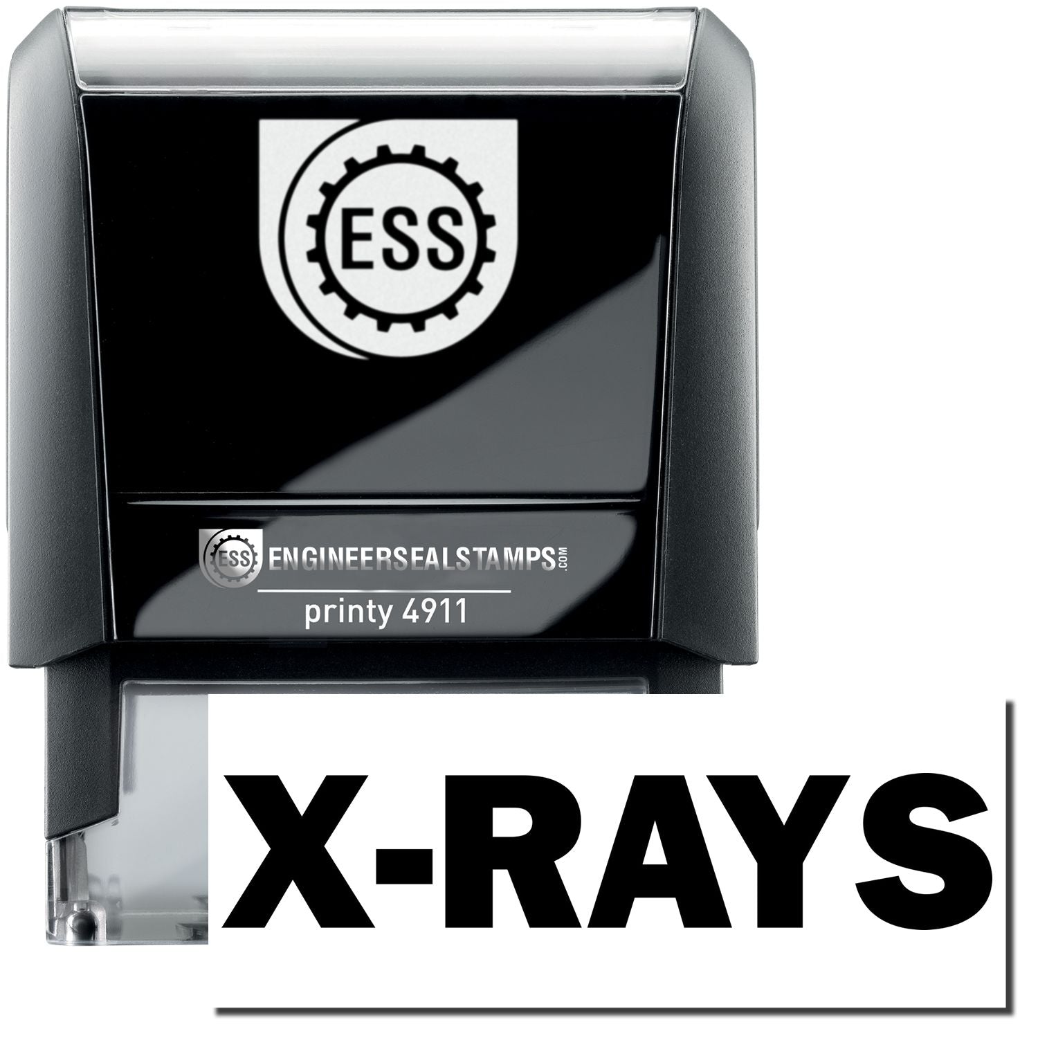 A self-inking stamp with a stamped image showing how the text "X-RAYS" is displayed after stamping.