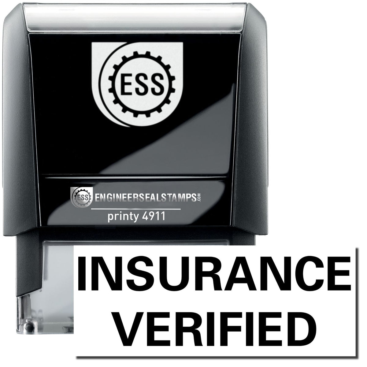 A self-inking stamp with a stamped image showing how the text &quot;INSURANCE VERIFIED&quot; is displayed after stamping.