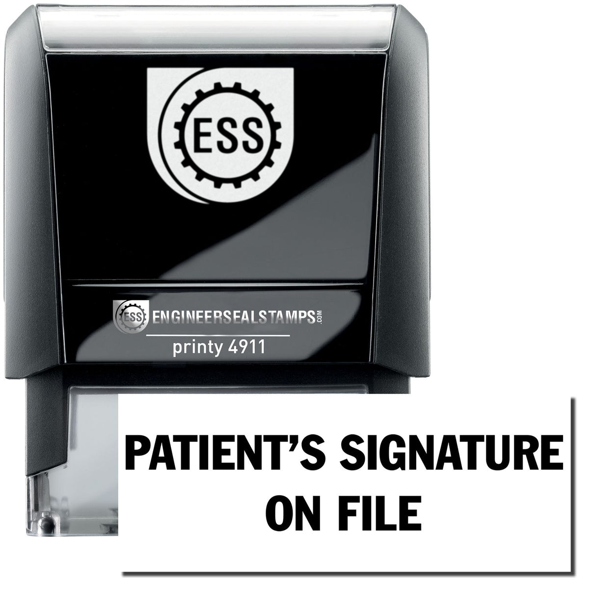A self-inking stamp with a stamped image showing how the text &quot;PATIENT&#39;S SIGNATURE ON FILE&quot; is displayed after stamping.