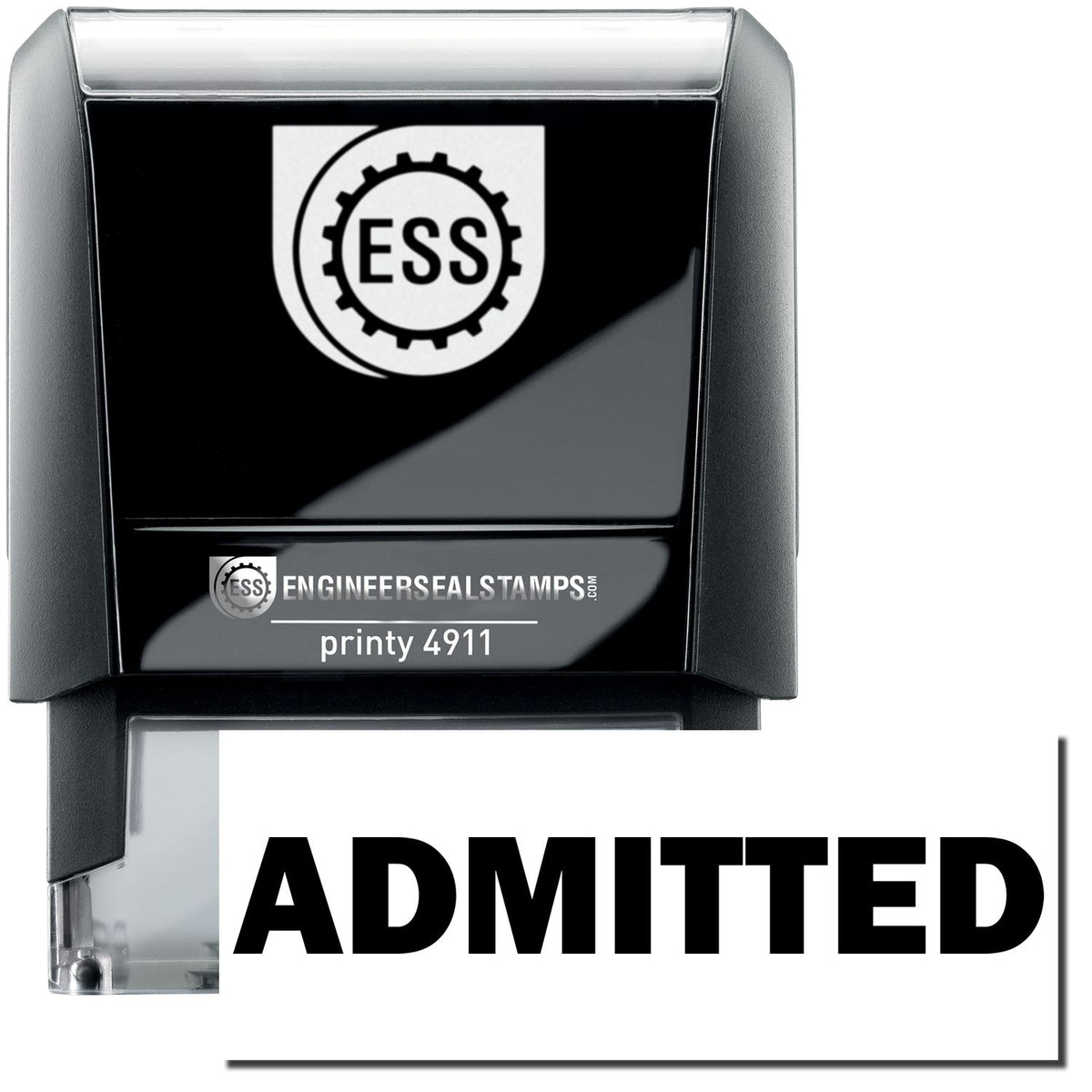 A self-inking stamp with a stamped image showing how the text &quot;ADMITTED&quot; is displayed after stamping.
