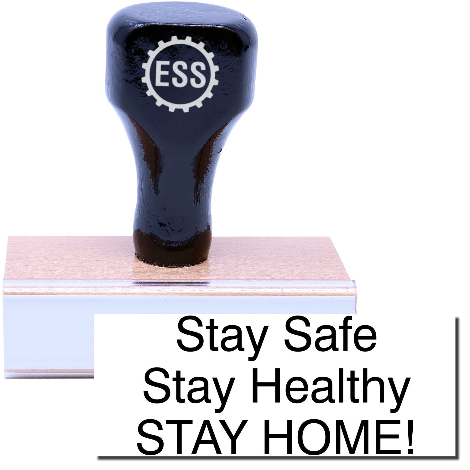 A stock office rubber stamp with a stamped image showing how the text Stay Safe Stay Healthy STAY HOME! is displayed after stamping.