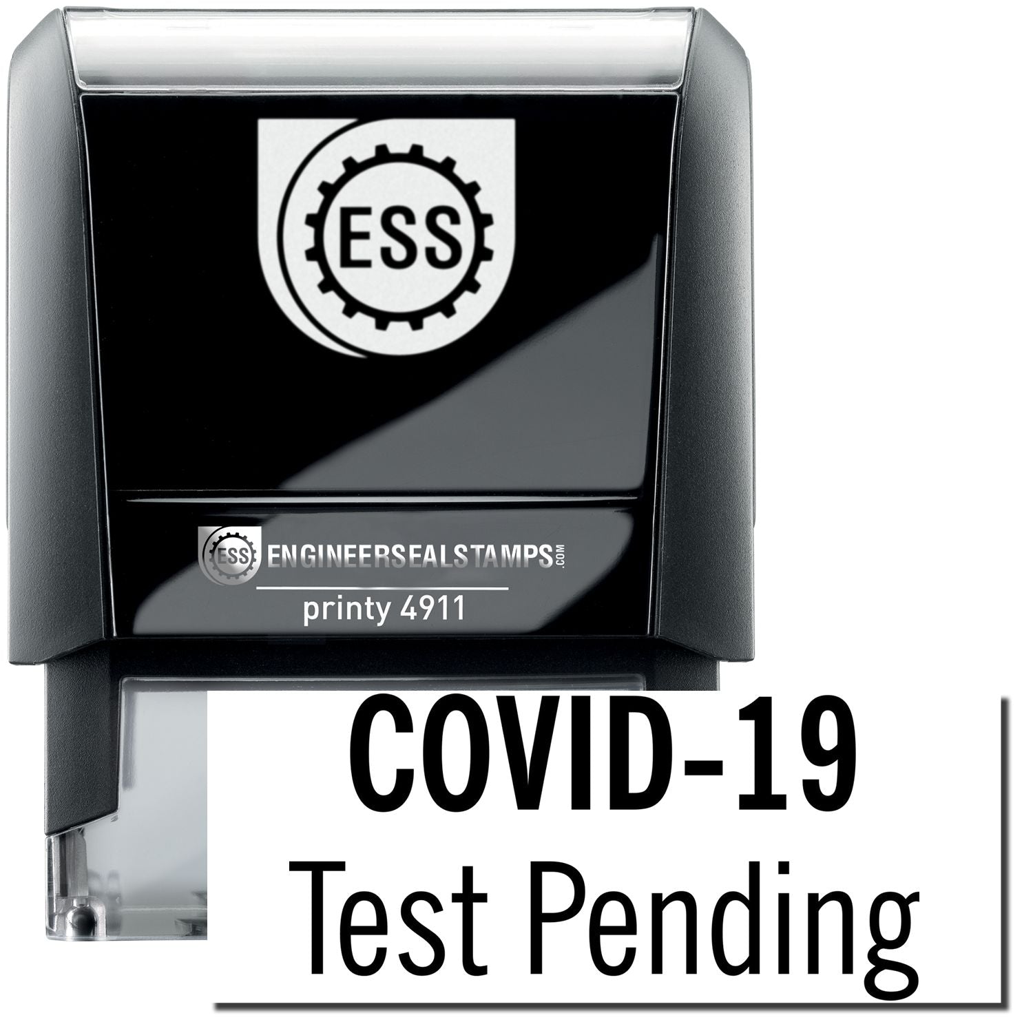 A self-inking stamp with a stamped image showing how the text "COVID-19 Test Pending" is displayed after stamping.