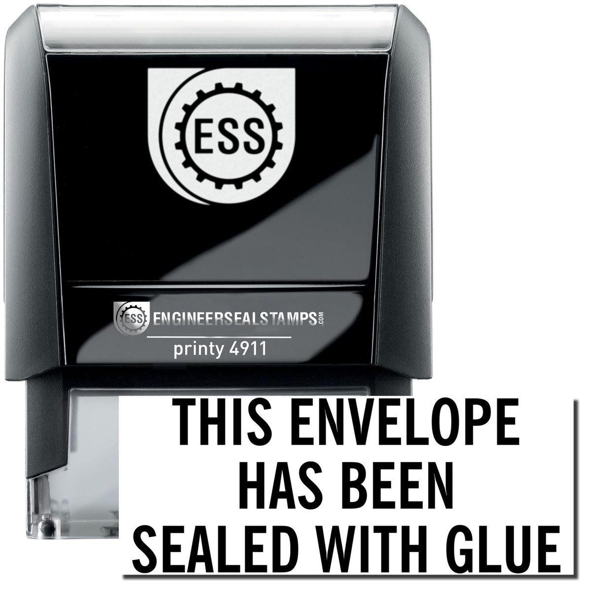 A self-inking stamp with a stamped image showing how the text &quot;THIS ENVELOPE HAS BEEN SEALED WITH GLUE&quot; is displayed after stamping.