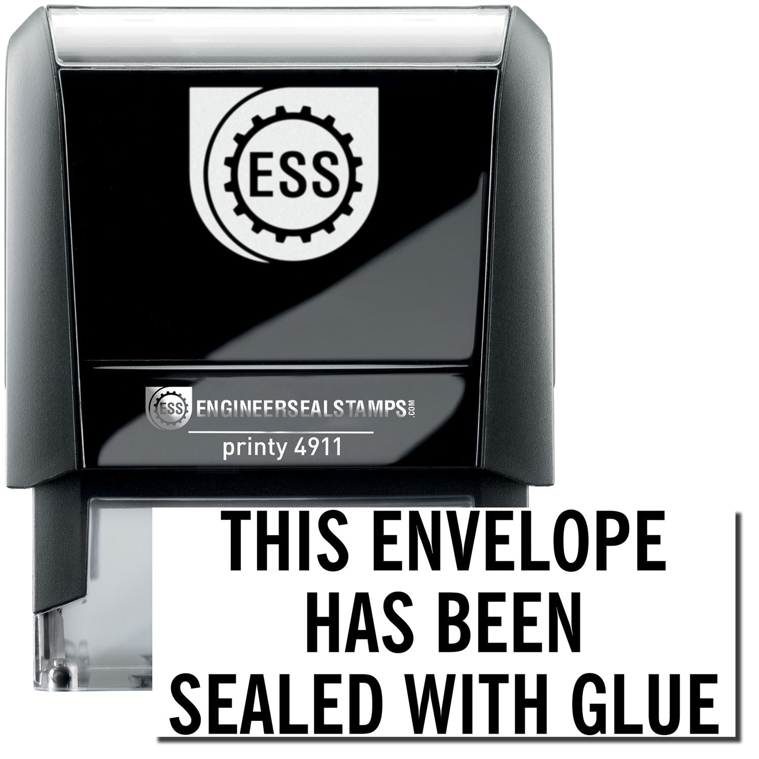 A self-inking stamp with a stamped image showing how the text "THIS ENVELOPE HAS BEEN SEALED WITH GLUE" is displayed after stamping.