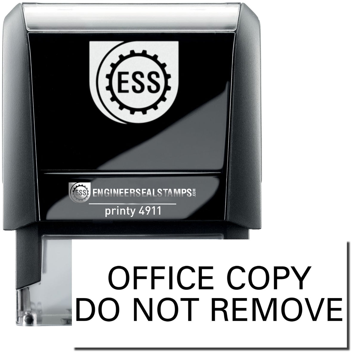 A self-inking stamp with a stamped image showing how the text &quot;OFFICE COPY DO NOT REMOVE&quot; is displayed after stamping.