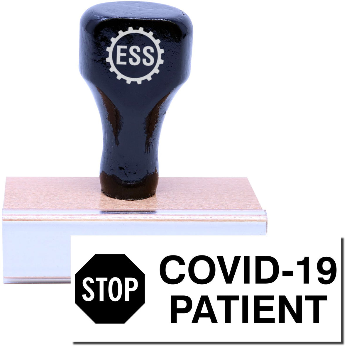 A stock office rubber stamp with a stamped image showing how the text &quot;COVID-19 PATIENT&quot; with a &quot;STOP&quot; signboard is displayed after stamping.