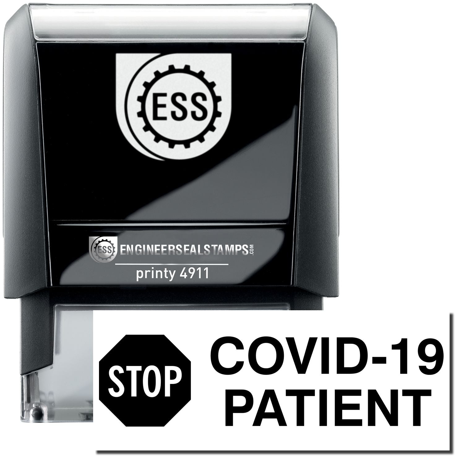 A self-inking stamp with a stamped image showing how the text COVID-19 PATIENT with an image of a STOP sign on the left is displayed after stamping.