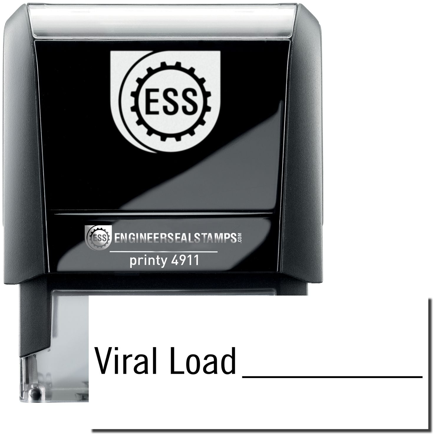 A self-inking stamp with a stamped image showing how the text Viral Load with a line is displayed after stamping.