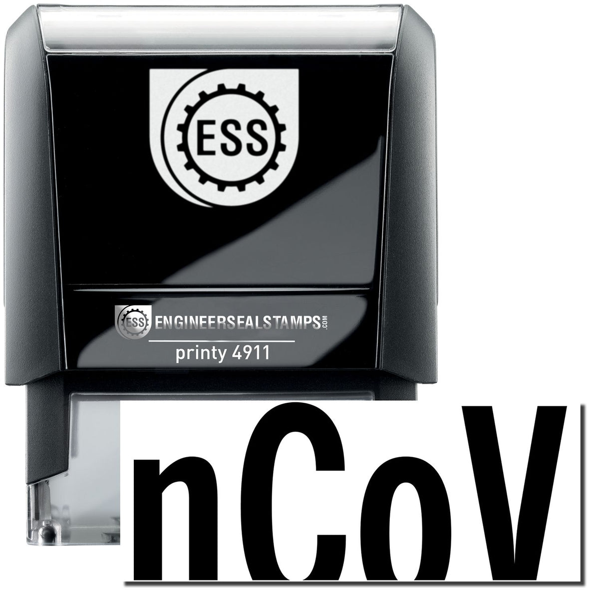 A self-inking stamp with a stamped image showing how the text &quot;nCoV&quot; is displayed after stamping.