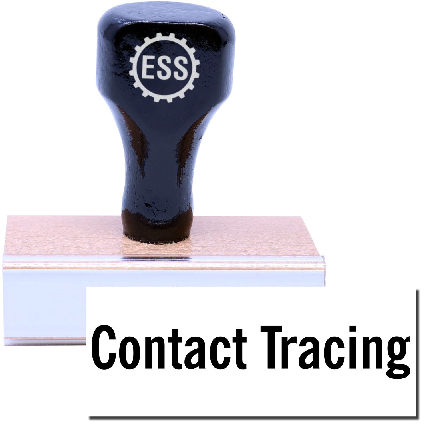 A stock office rubber stamp with a stamped image showing how the text "Contact Tracing" is displayed after stamping.