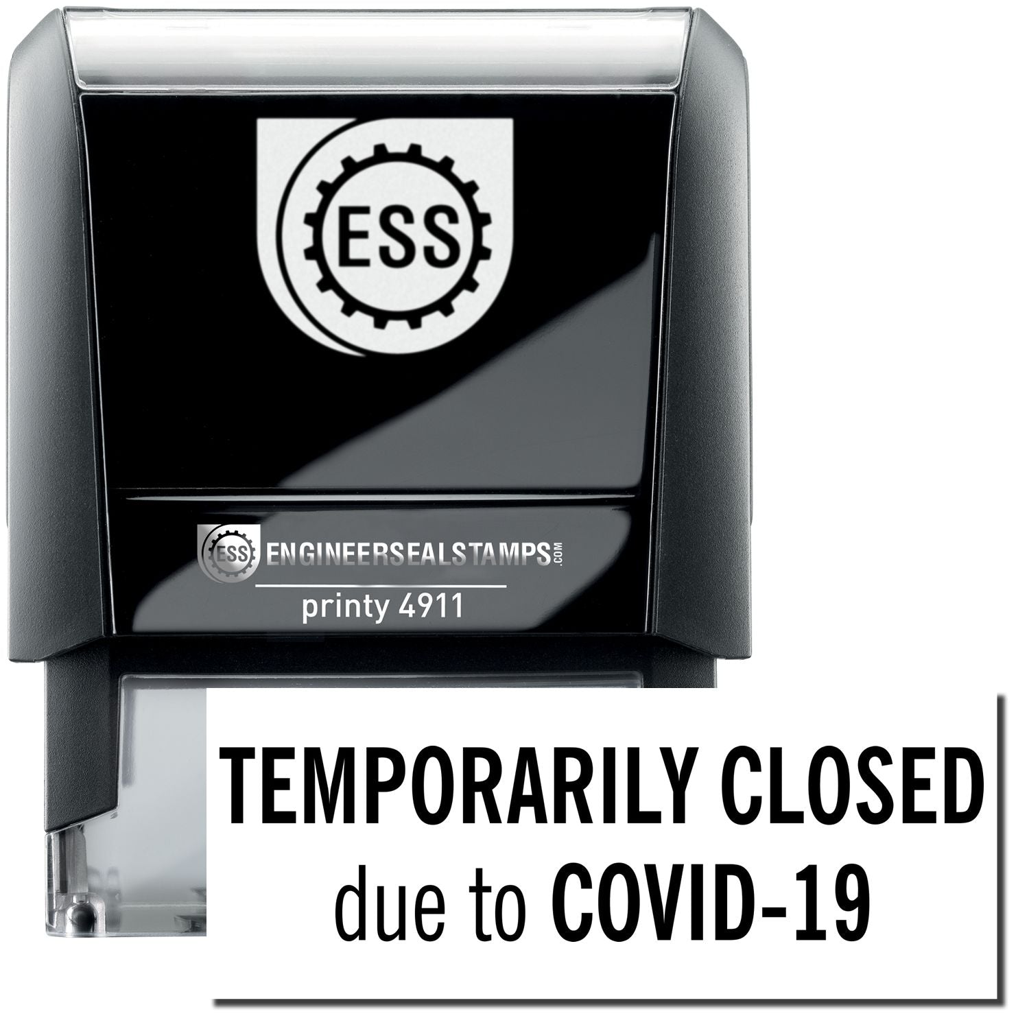 A self-inking stamp with a stamped image showing how the text "TEMPORARILY CLOSED due to COVID-19" is displayed after stamping.