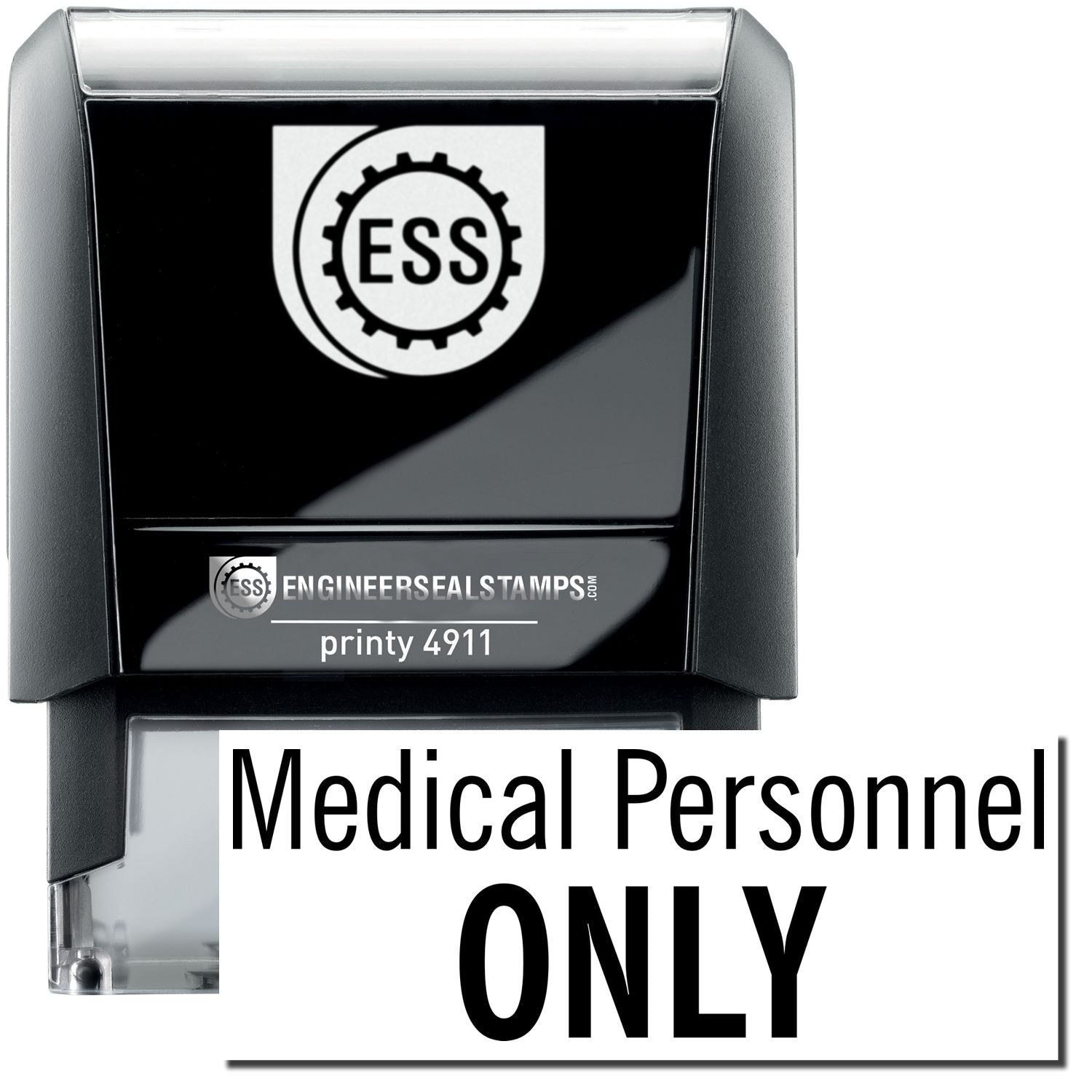 A self-inking stamp with a stamped image showing how the text "Medical Personnel ONLY" is displayed after stamping.