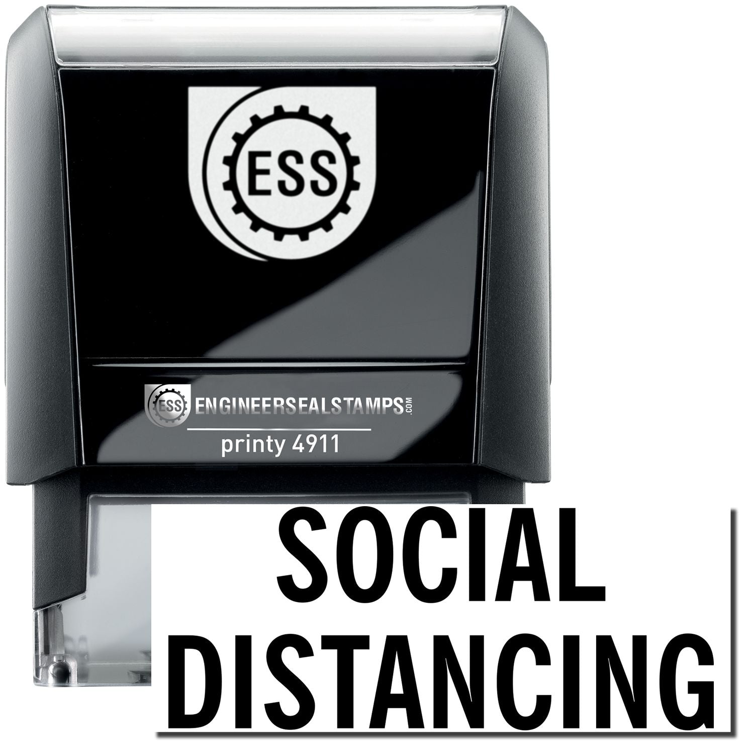A self-inking stamp with a stamped image showing how the text "SOCIAL DISTANCING" is displayed after stamping.