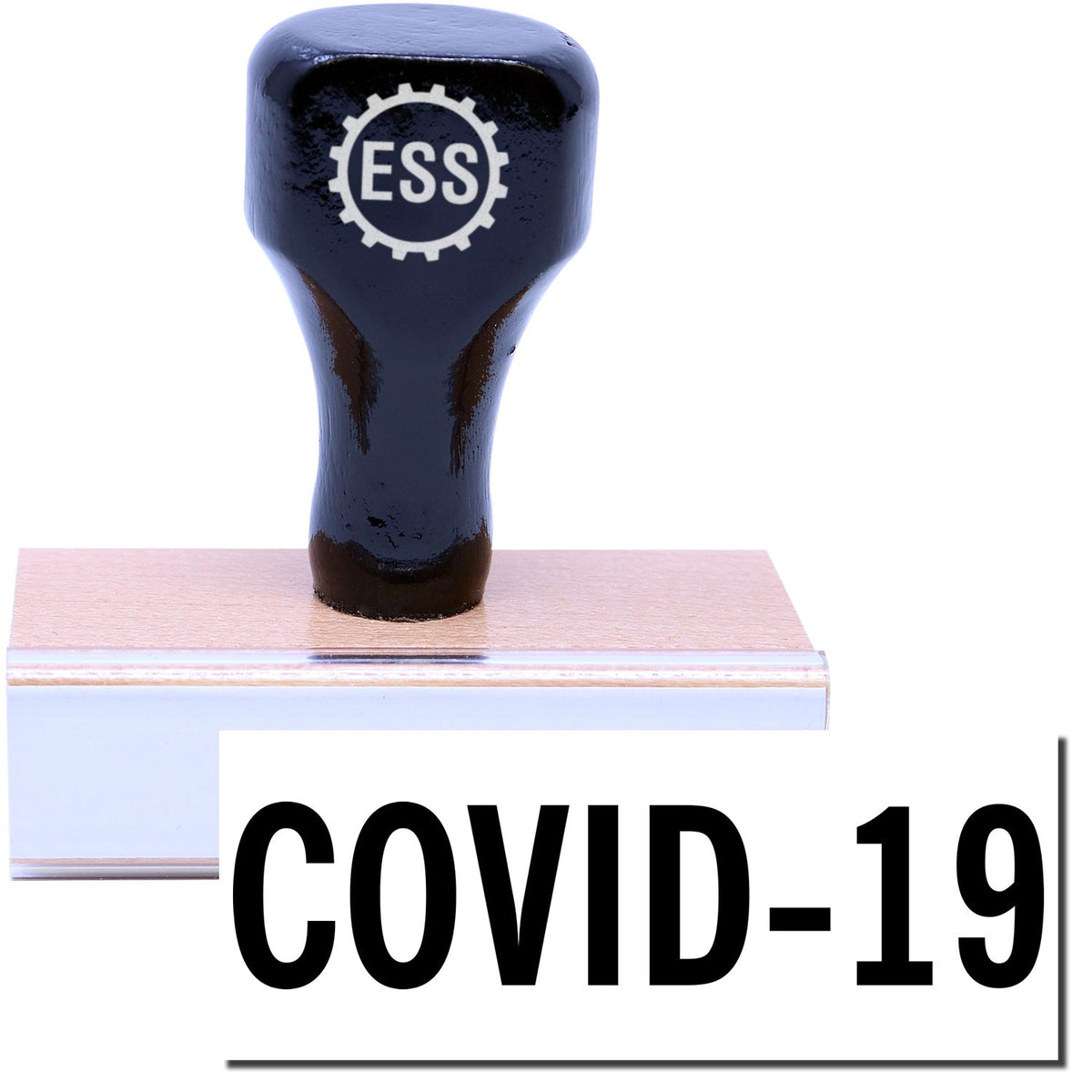 A stock office rubber stamp with a stamped image showing how the text &quot;COVID-19&quot; in bold font is displayed after stamping.