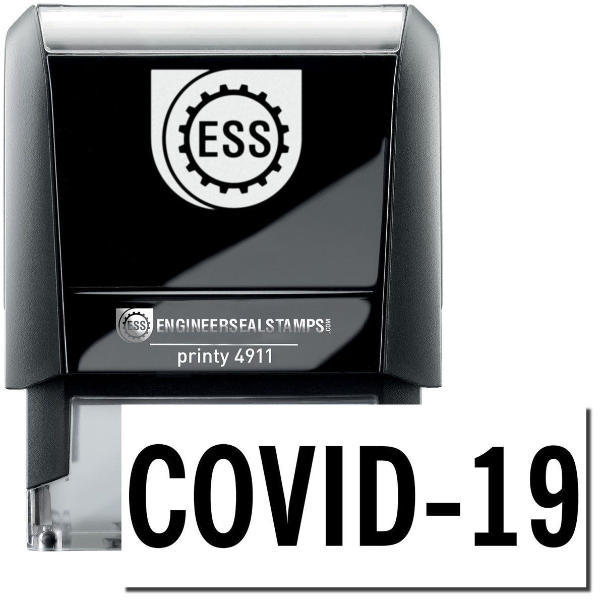 A self-inking stamp with a stamped image showing how the text &quot;COVID-19&quot; in bold font is displayed after stamping.