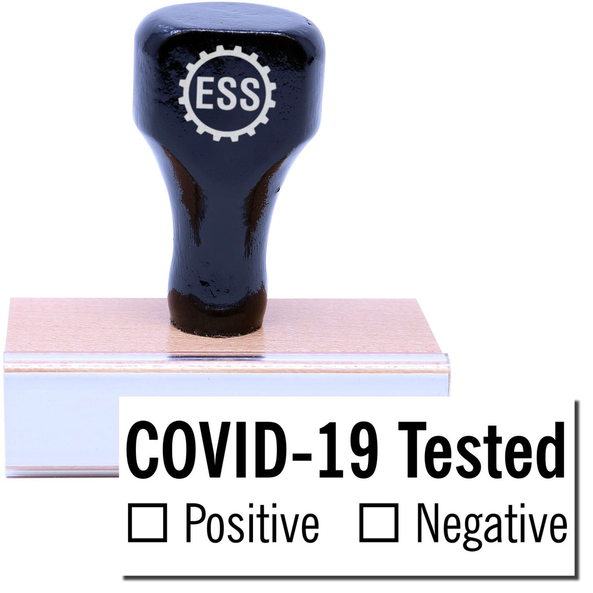 A stock office rubber stamp with a stamped image showing how the text &quot;COVID-19 Tested&quot; with a space underneath where a box can be checked based on whether a person is positive or negative for the virus is displayed after stamping.