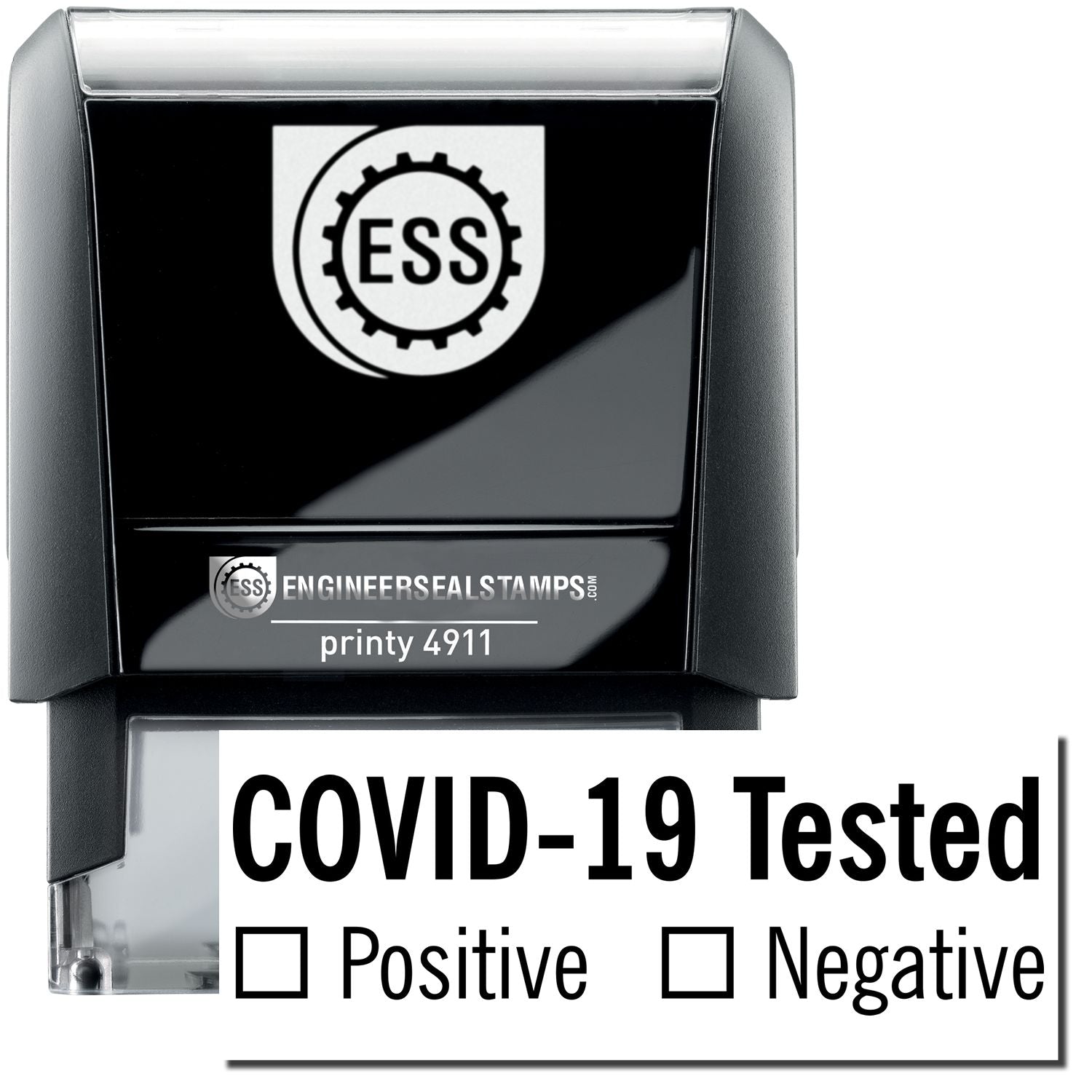 A self-inking stamp with a stamped image showing how the text COVID-19 Tested with the words Positive and Negative underneath with checkboxes (where a box can be checked based on whether a person is positive or negative for the virus) is displayed after stamping.