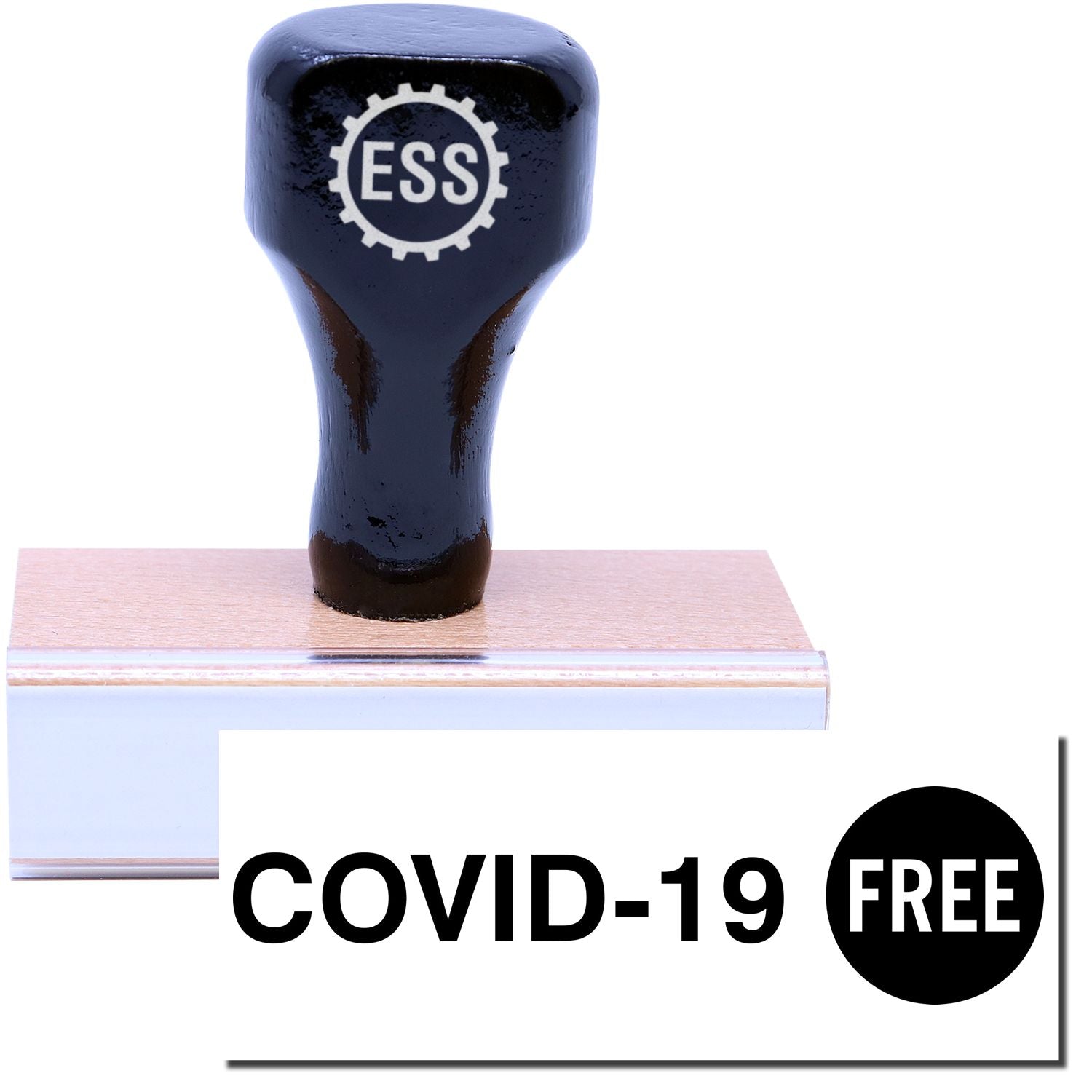 A stock office rubber stamp with a stamped image showing how the text COVID-19 FREE is displayed after stamping.