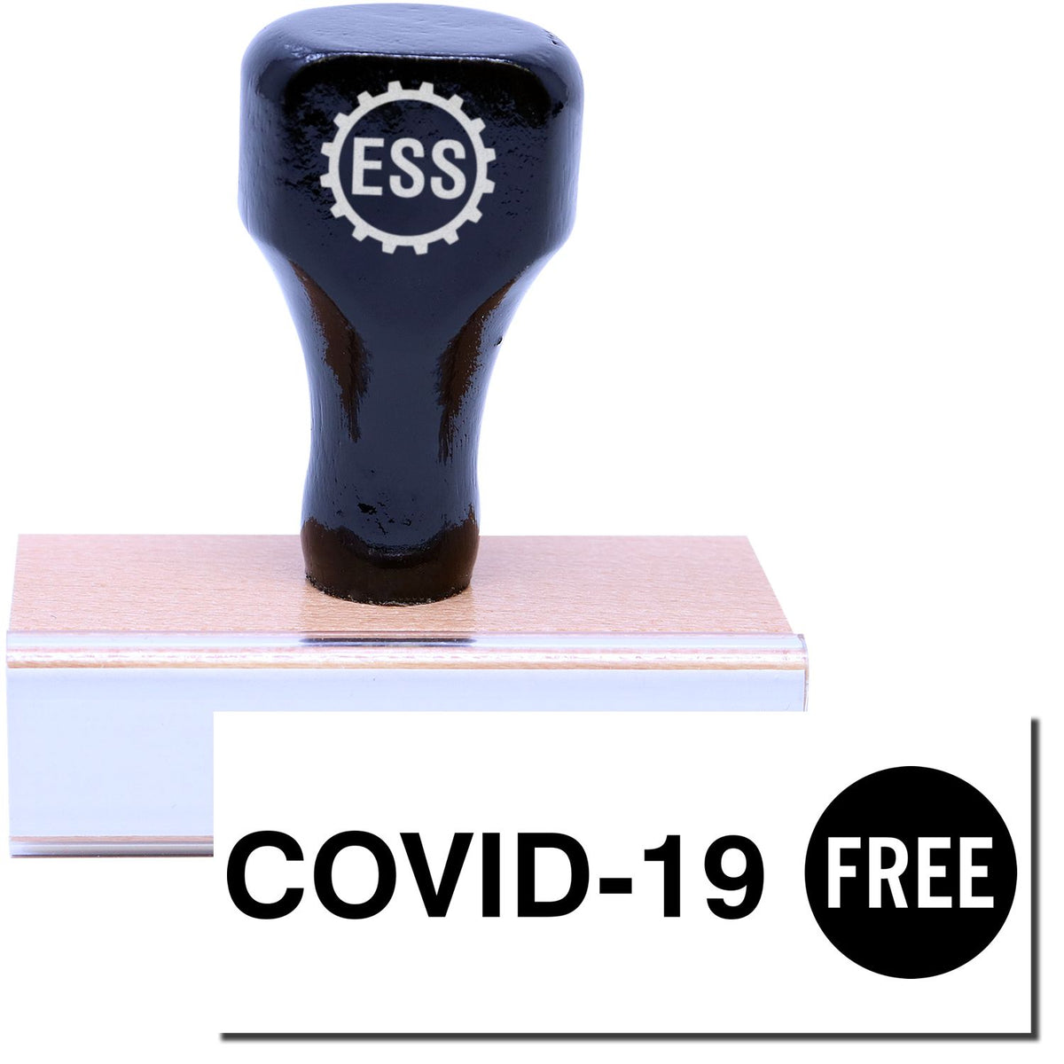 A stock office rubber stamp with a stamped image showing how the text &quot;COVID-19 FREE&quot; is displayed after stamping.
