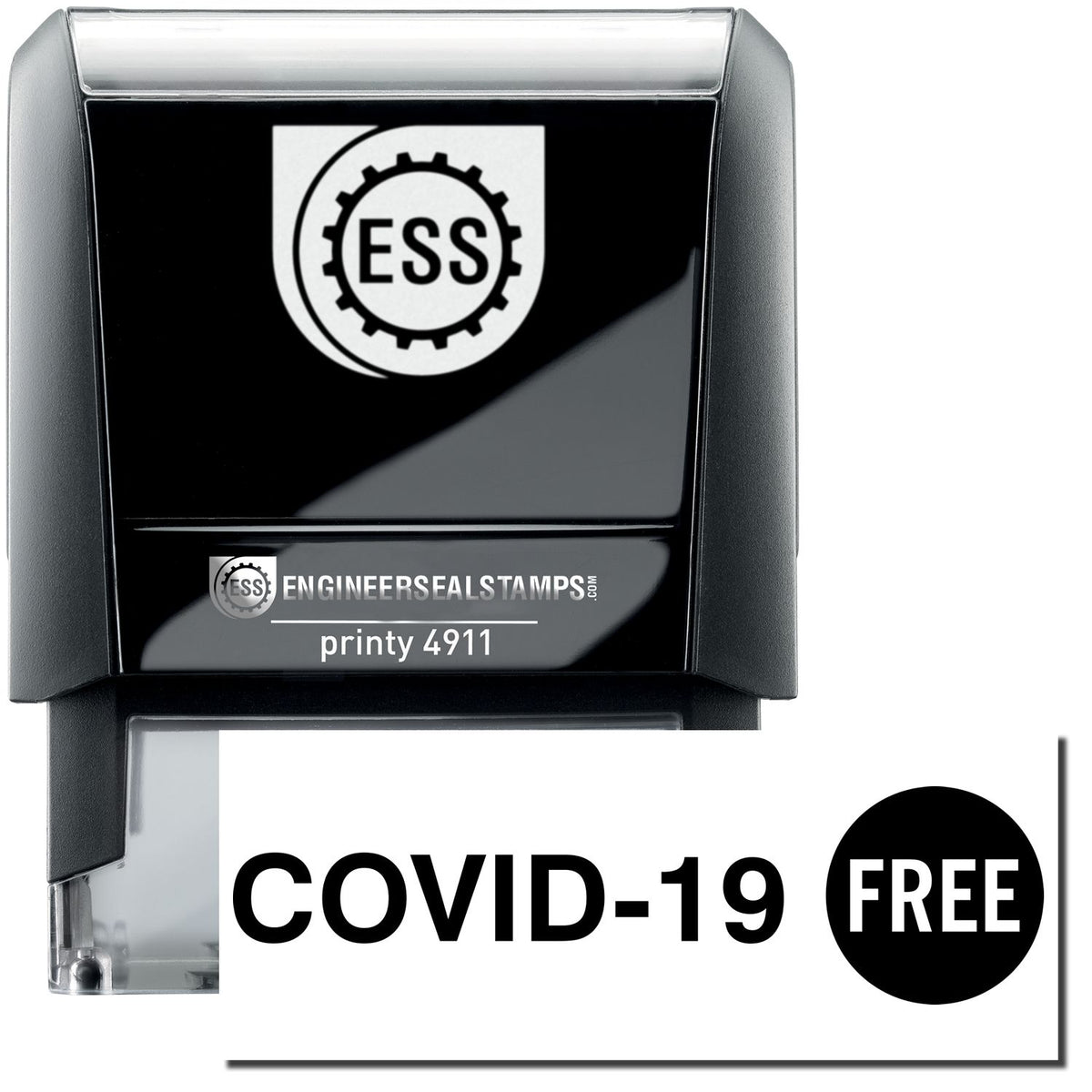A self-inking stamp with a stamped image showing how the text &quot;COVID-19&quot; with a &quot;FREE&quot; signboard on the right is displayed after stamping.