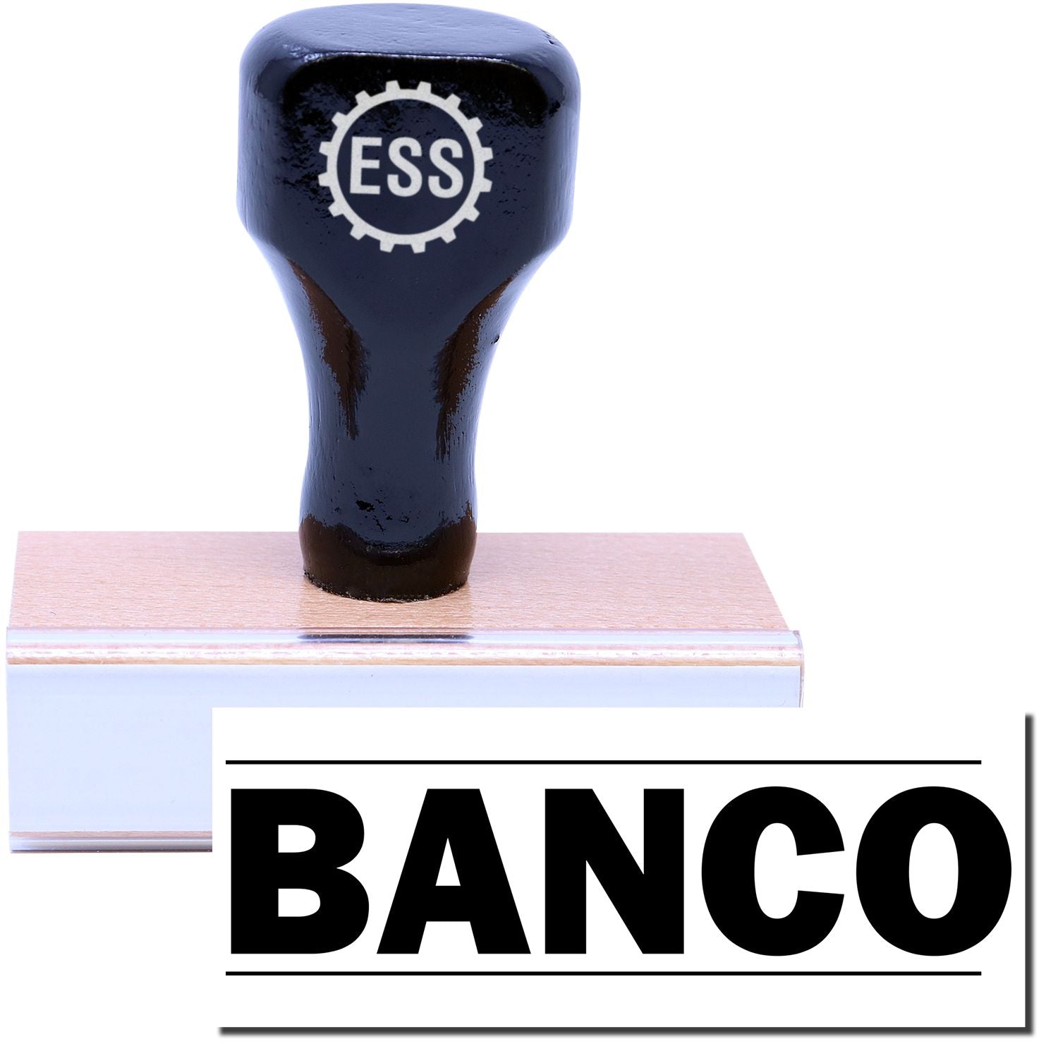 A stock office rubber stamp with a stamped image showing how the text BANCO in bold font with a line both above and below the text is displayed after stamping.