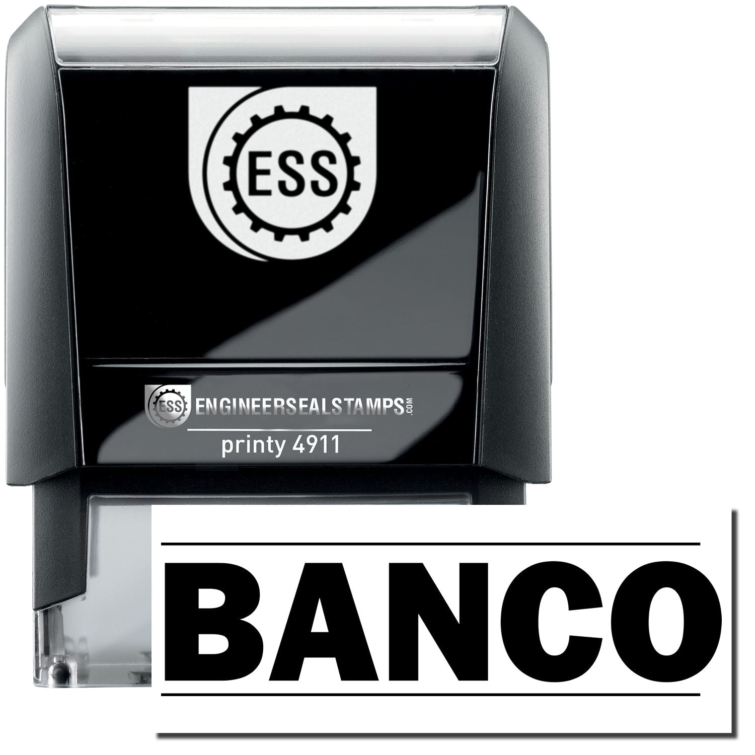 A self-inking stamp with a stamped image showing how the text BANCO in bold font (with a line both above and below the text) is displayed after stamping.