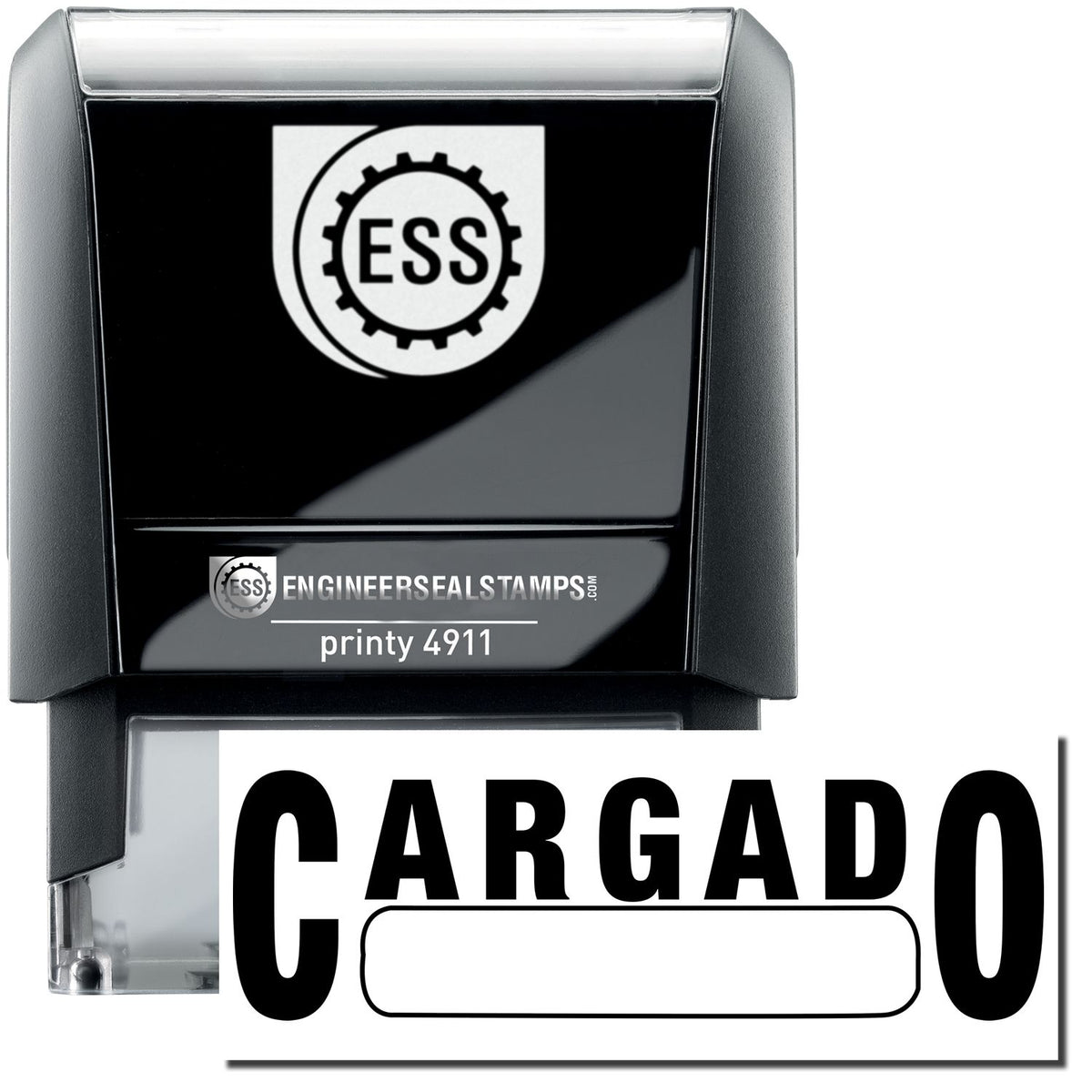 A self-inking stamp with a stamped image showing how the text &quot;CARGADO&quot; with a box below the text is displayed after stamping.