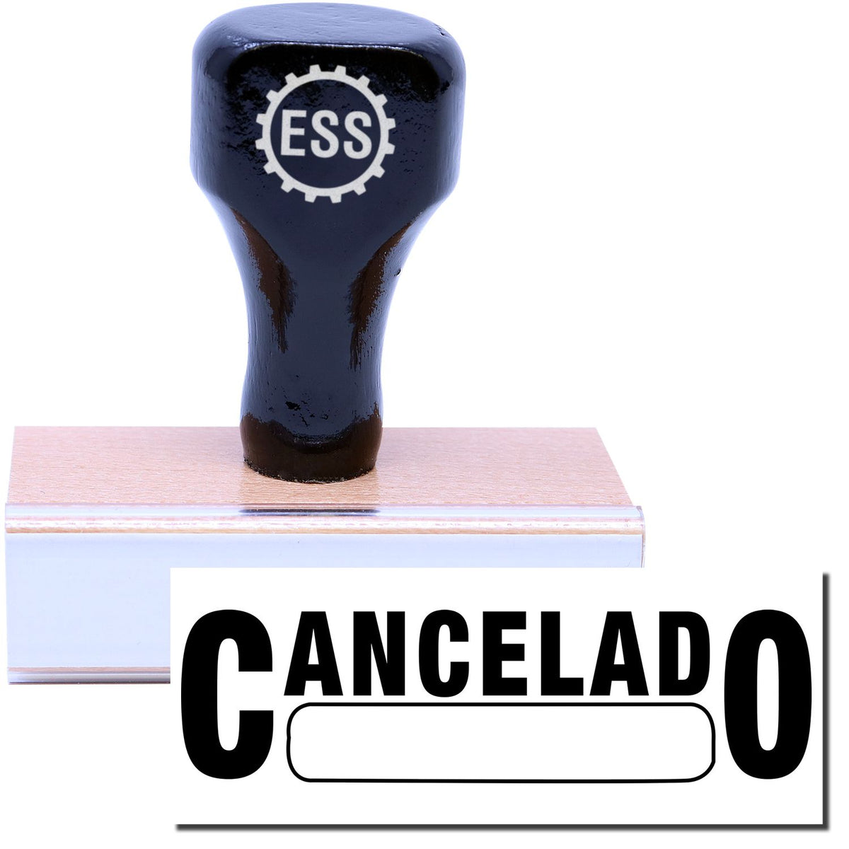 A stock office rubber stamp with a stamped image showing how the text &quot;CANCELADO&quot; with a box is displayed after stamping.