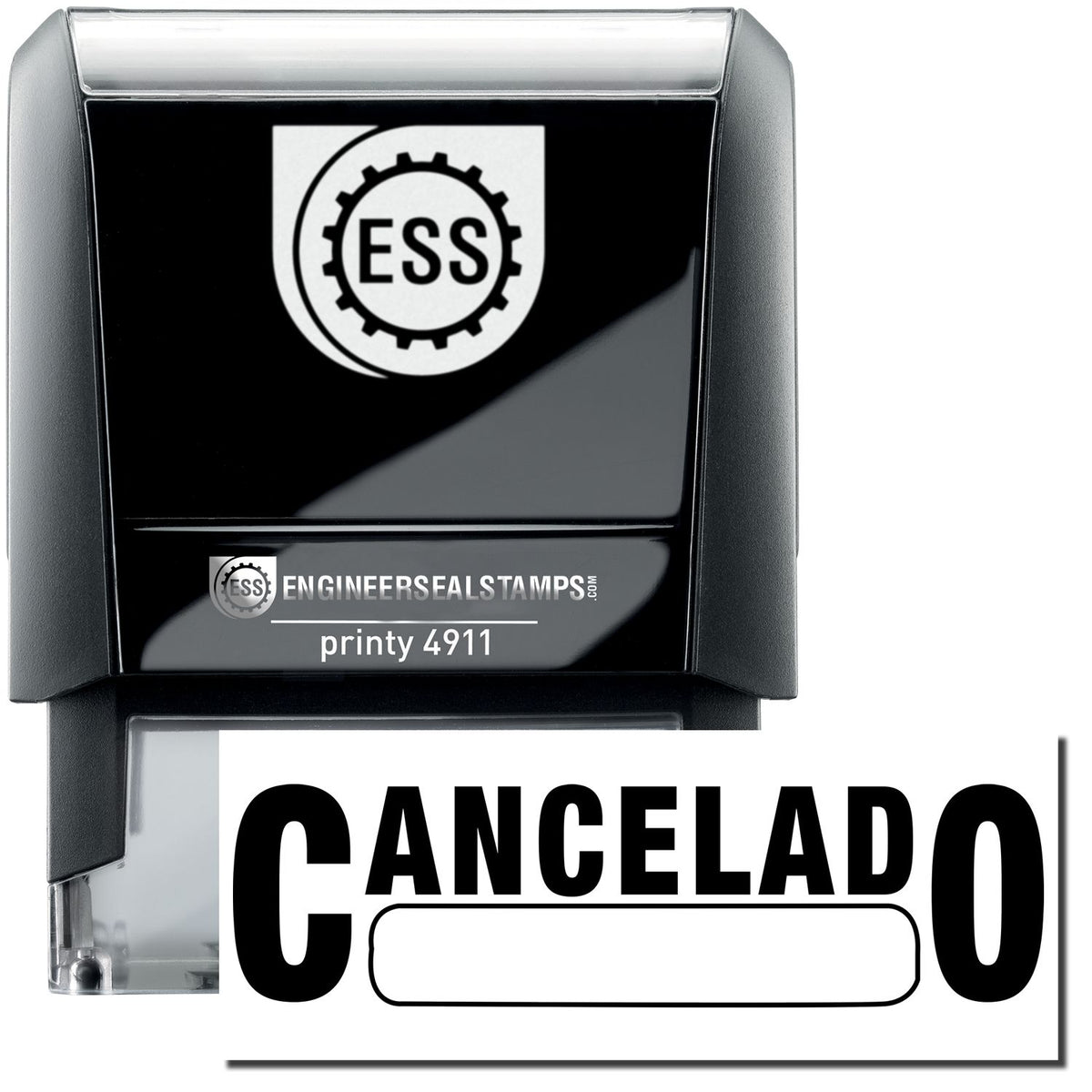 A self-inking stamp with a stamped image showing how the text &quot;CANCELADO&quot; with a box below the text is displayed after stamping.