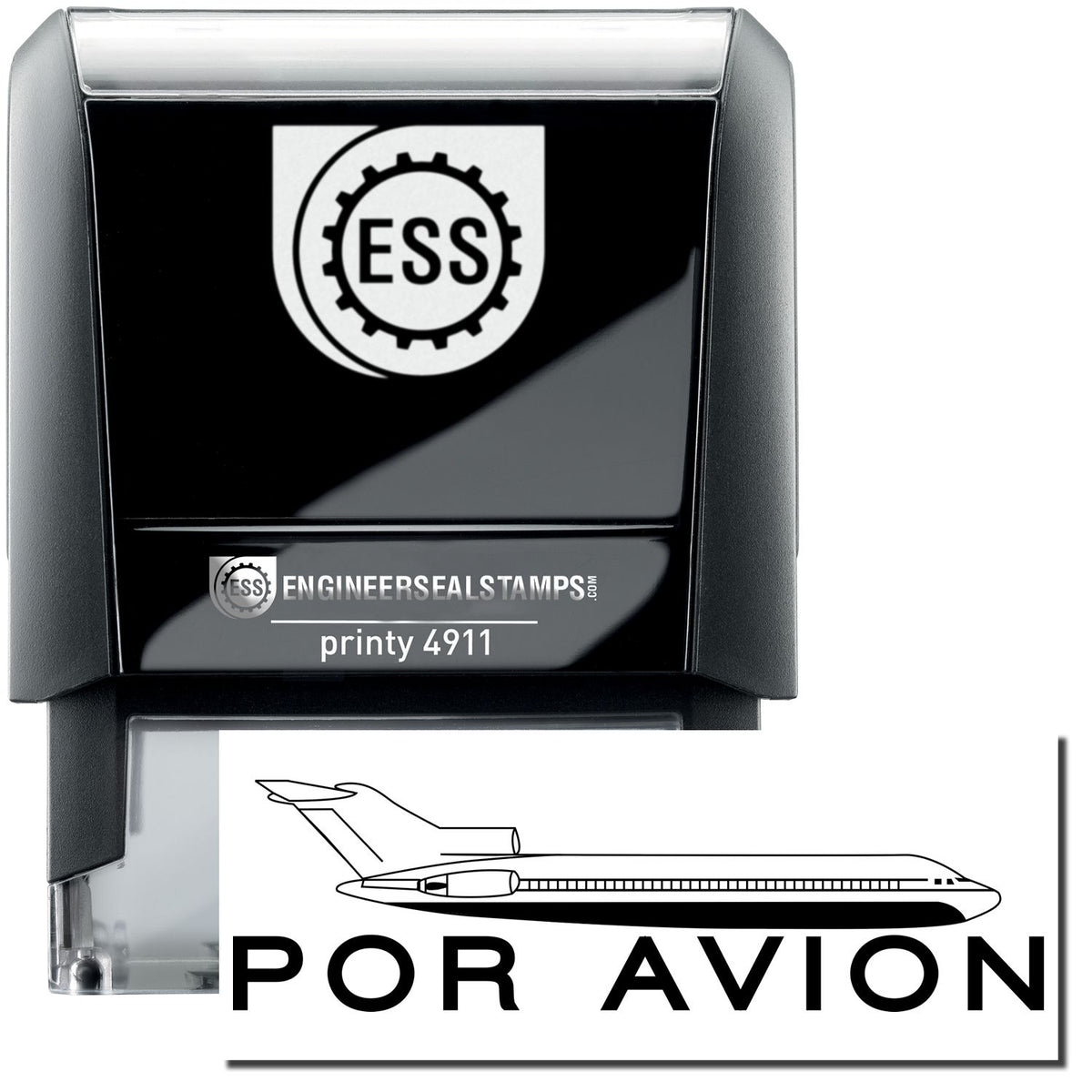 A self-inking stamp with a stamped image showing how the text &quot;POR AVION&quot; with an icon of an airplane above the text is displayed after stamping.