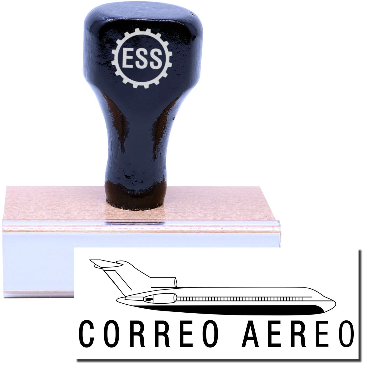 A stock office rubber stamp with a stamped image showing how the text &quot;CORREO AERO&quot; with an icon of a plane above the text is displayed after stamping.