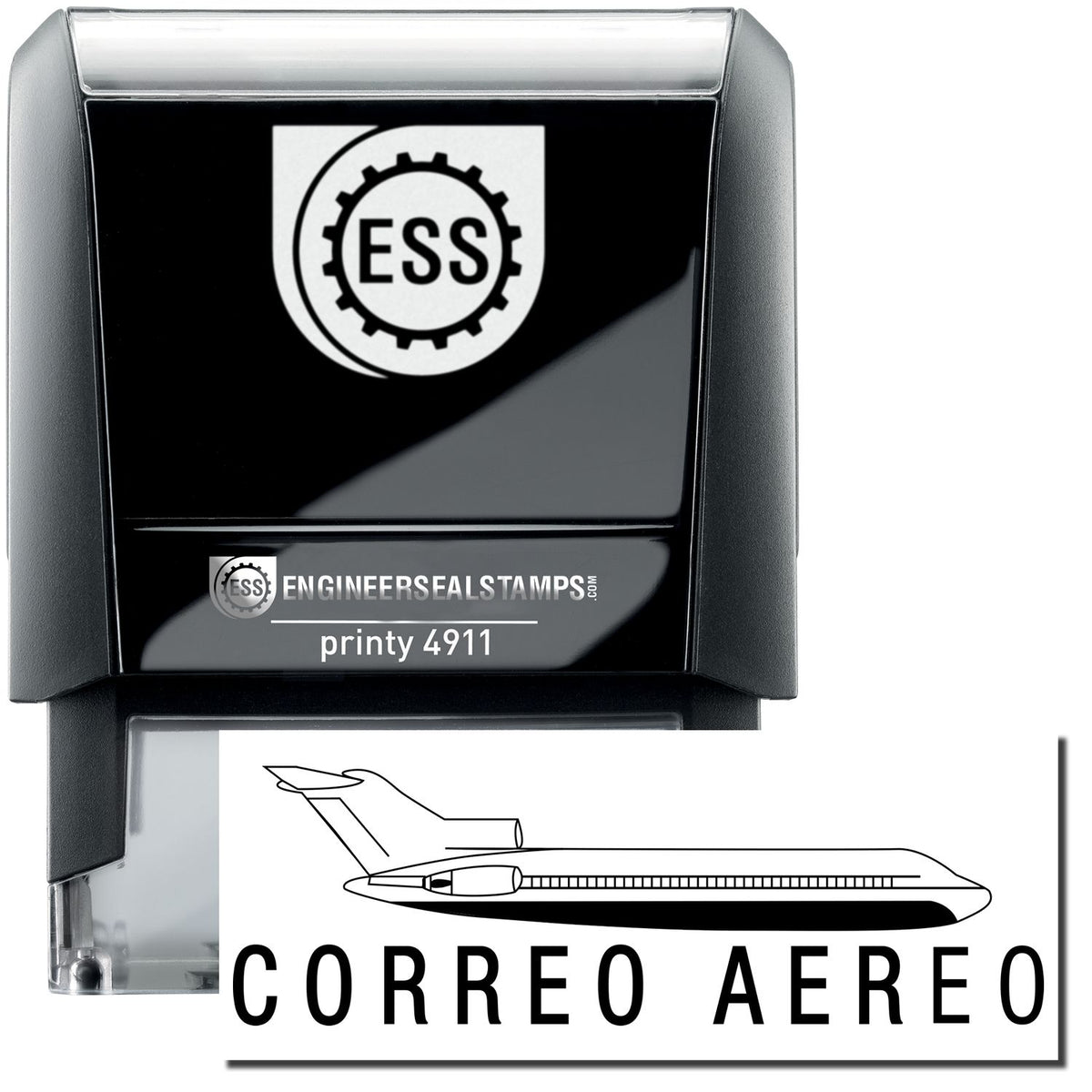 A self-inking stamp with a stamped image showing how the text &quot;CORREO AERO&quot; with an icon of an airplane above the text is displayed after stamping.