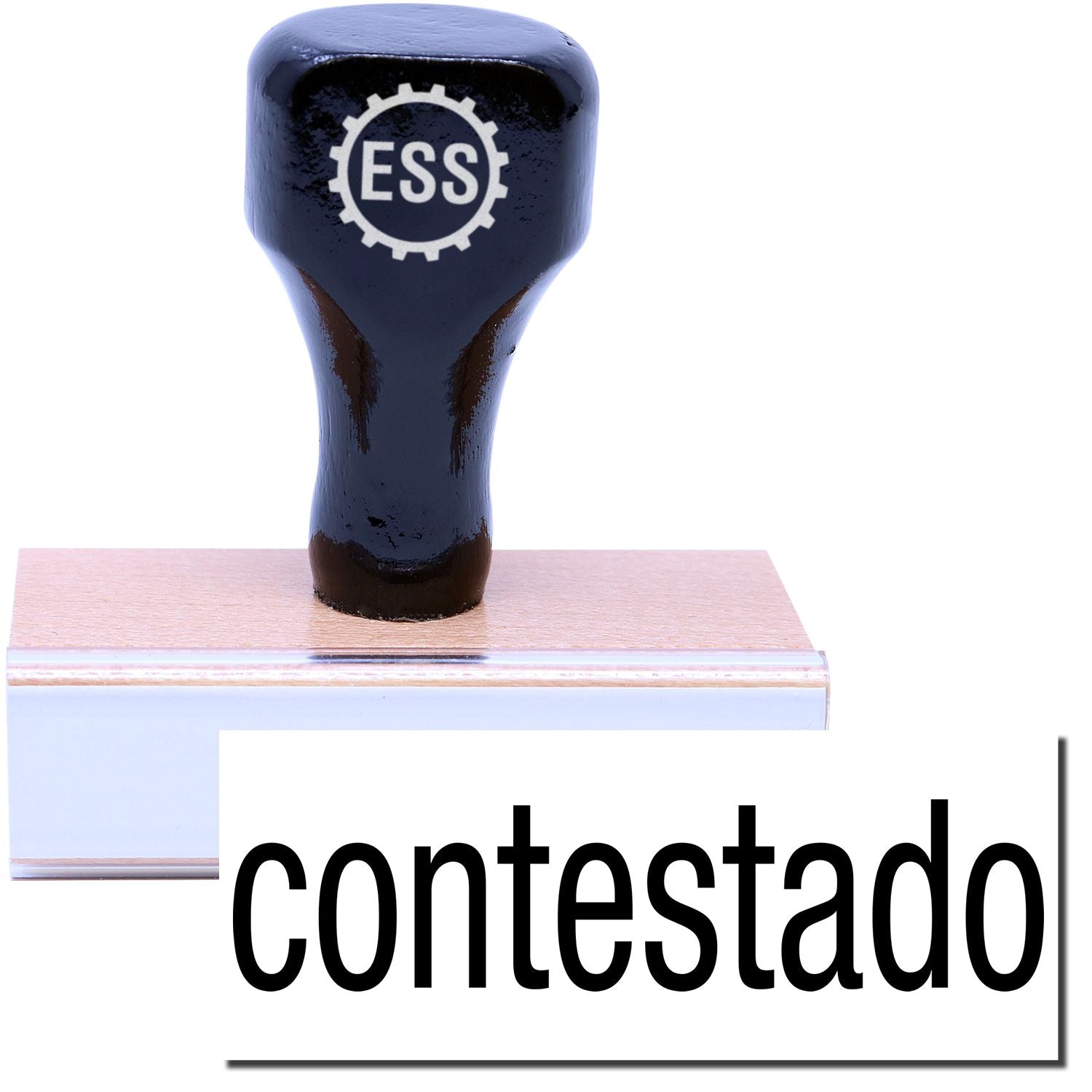 A stock office rubber stamp with a stamped image showing how the text "contestado" is displayed after stamping.