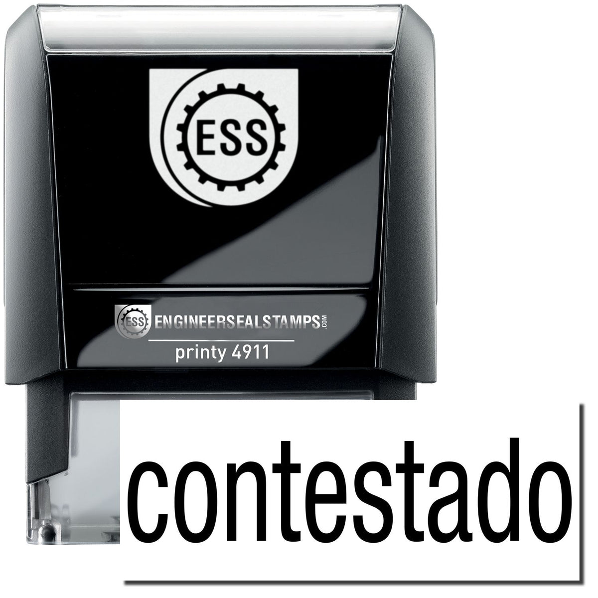 A self-inking stamp with a stamped image showing how the text &quot;contestado&quot; is displayed after stamping.