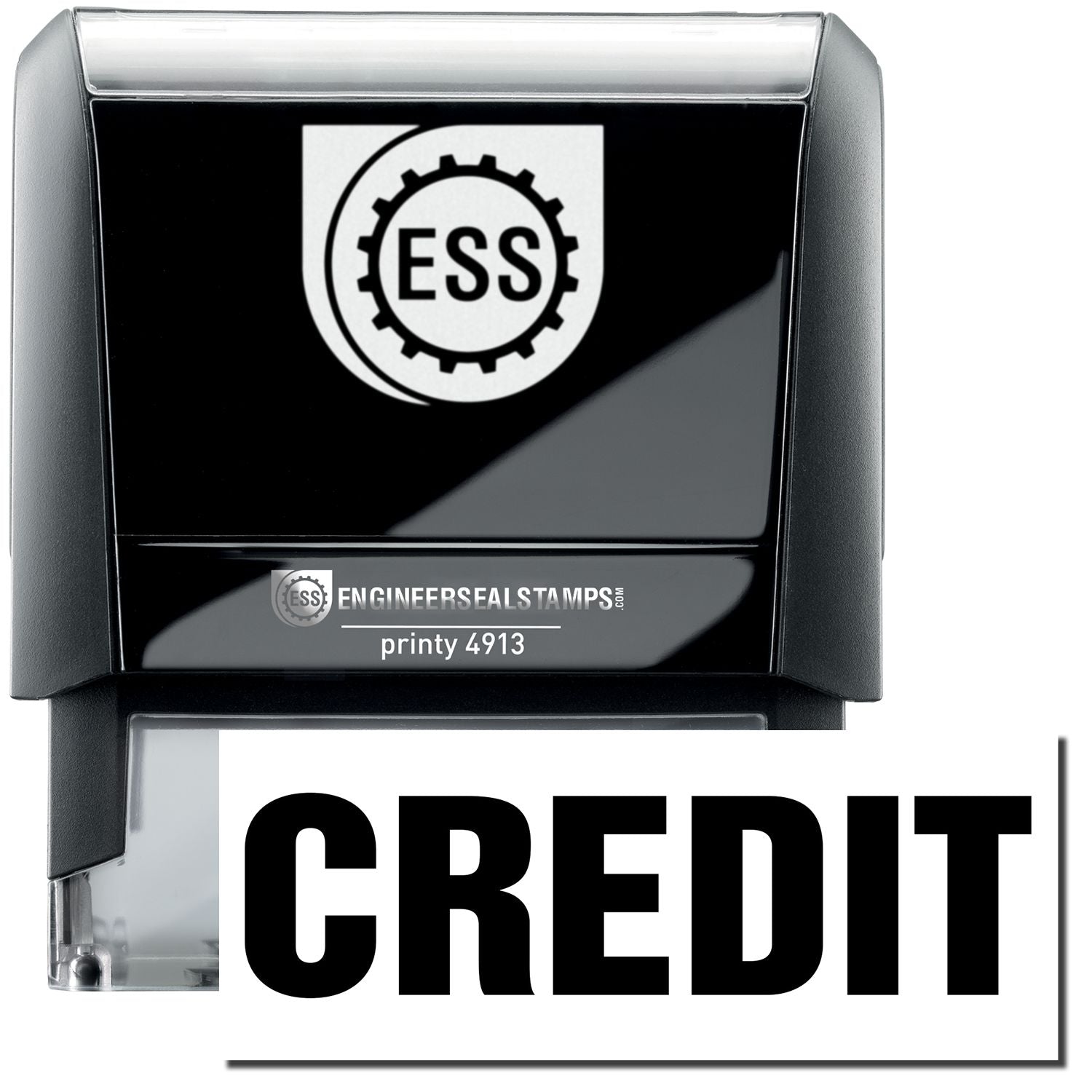 A self-inking stamp with a stamped image showing how the text CREDIT in a large bold font is displayed by it.